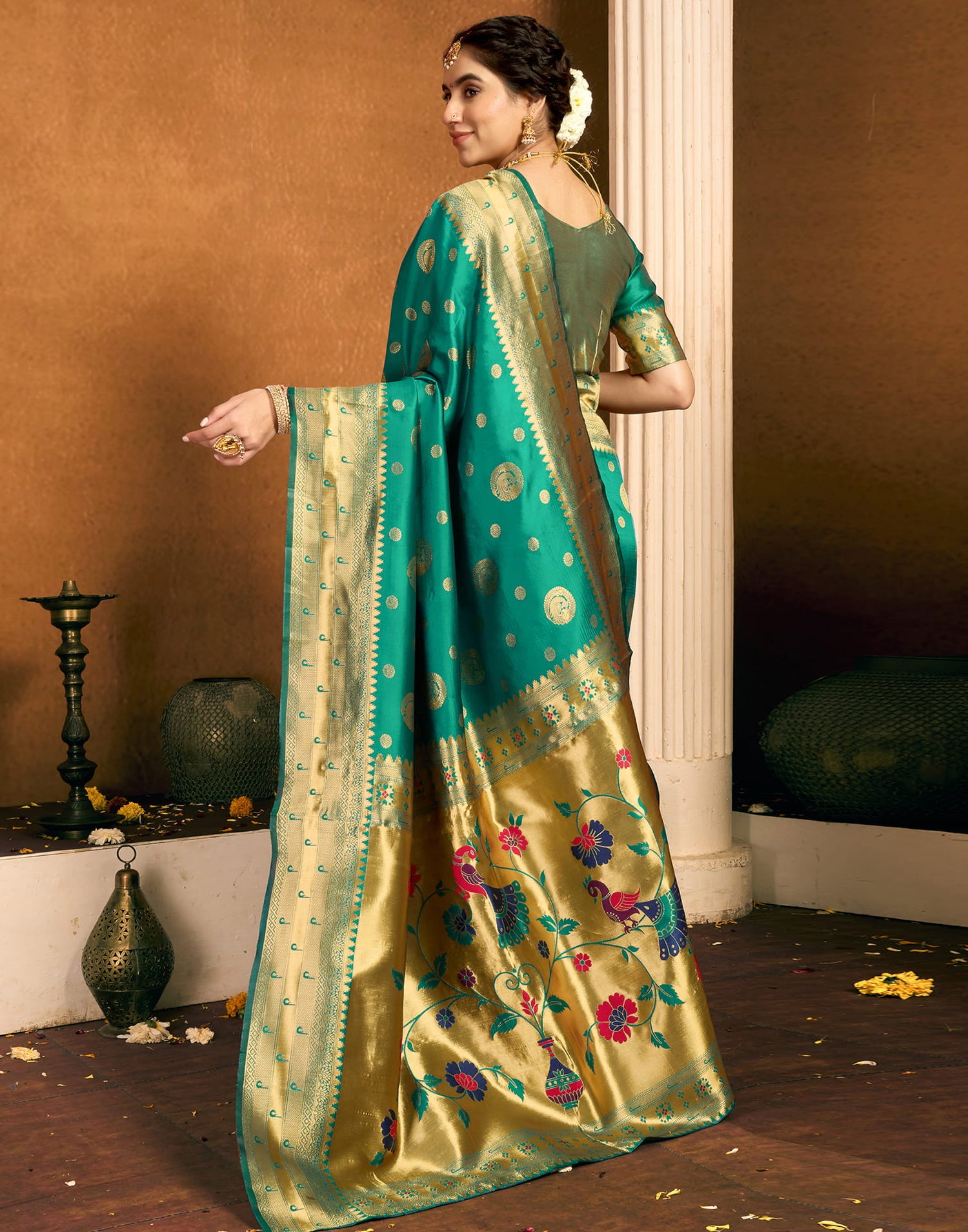 Teal Green Silk Woven Paithani Saree