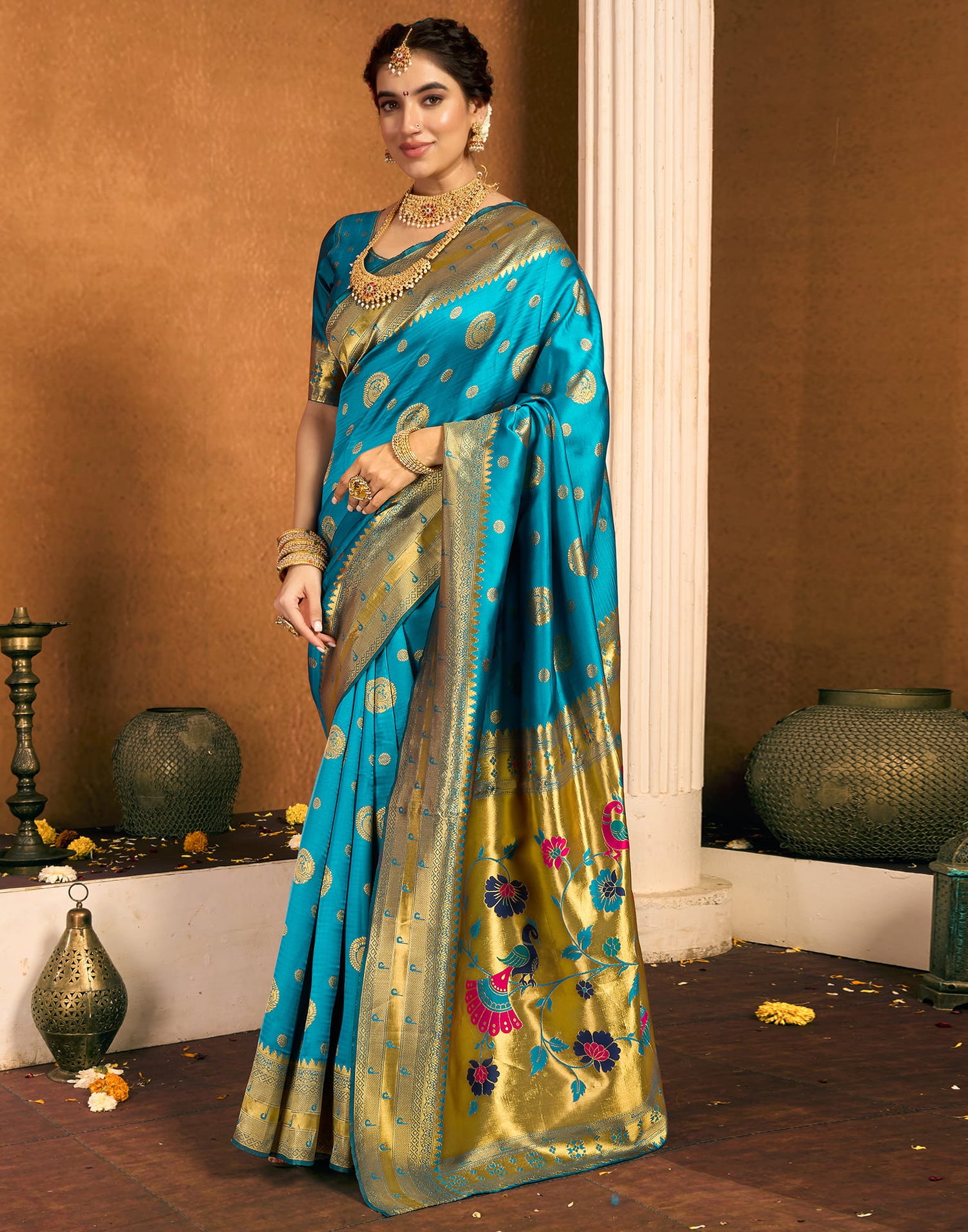 Teal Blue Silk Woven Paithani Saree