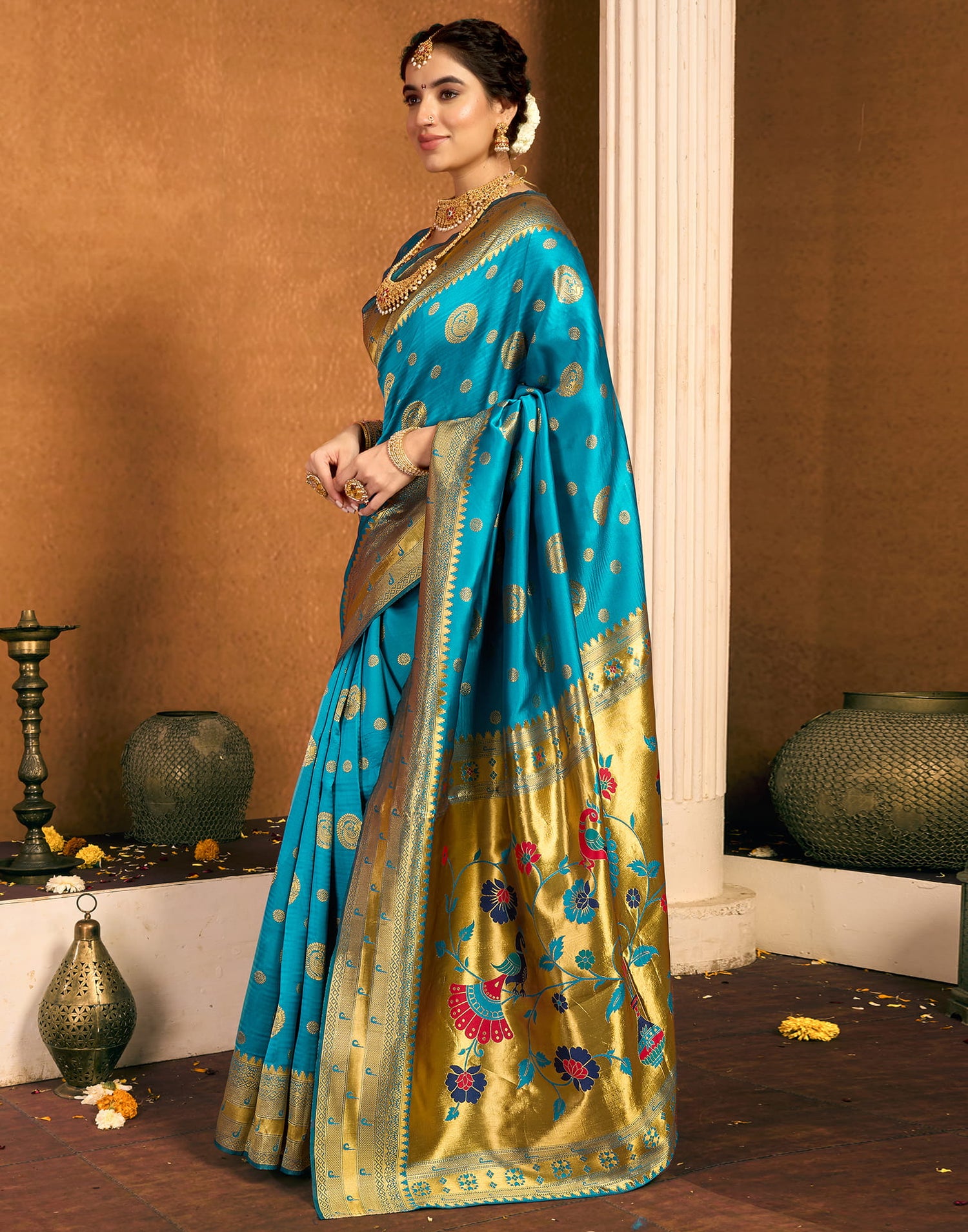 Teal Blue Silk Woven Paithani Saree