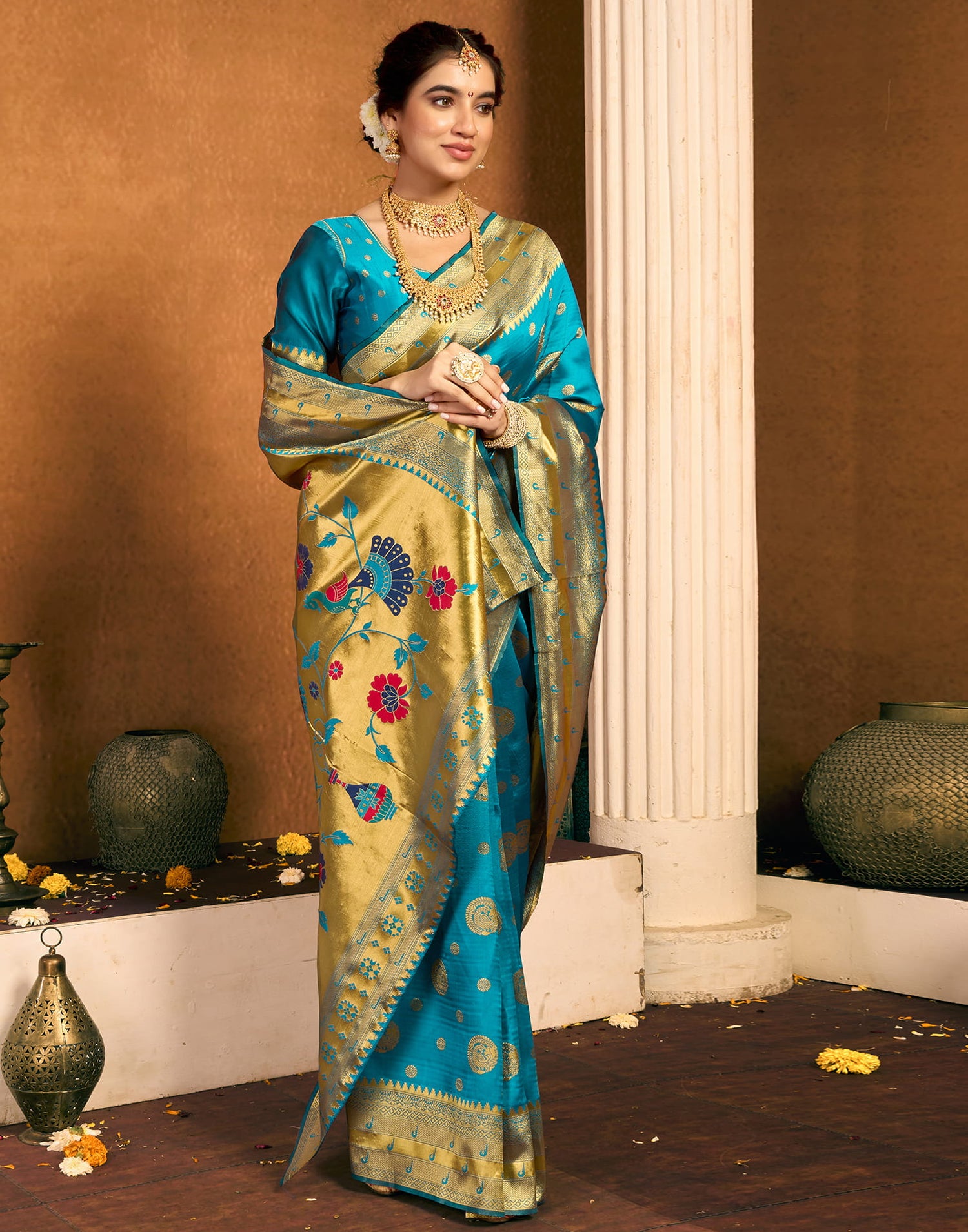 Teal Blue Silk Woven Paithani Saree