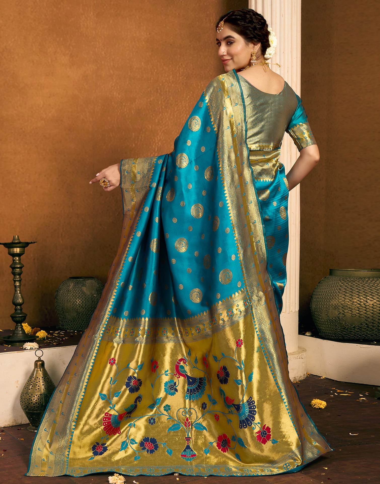 Teal Blue Silk Woven Paithani Saree