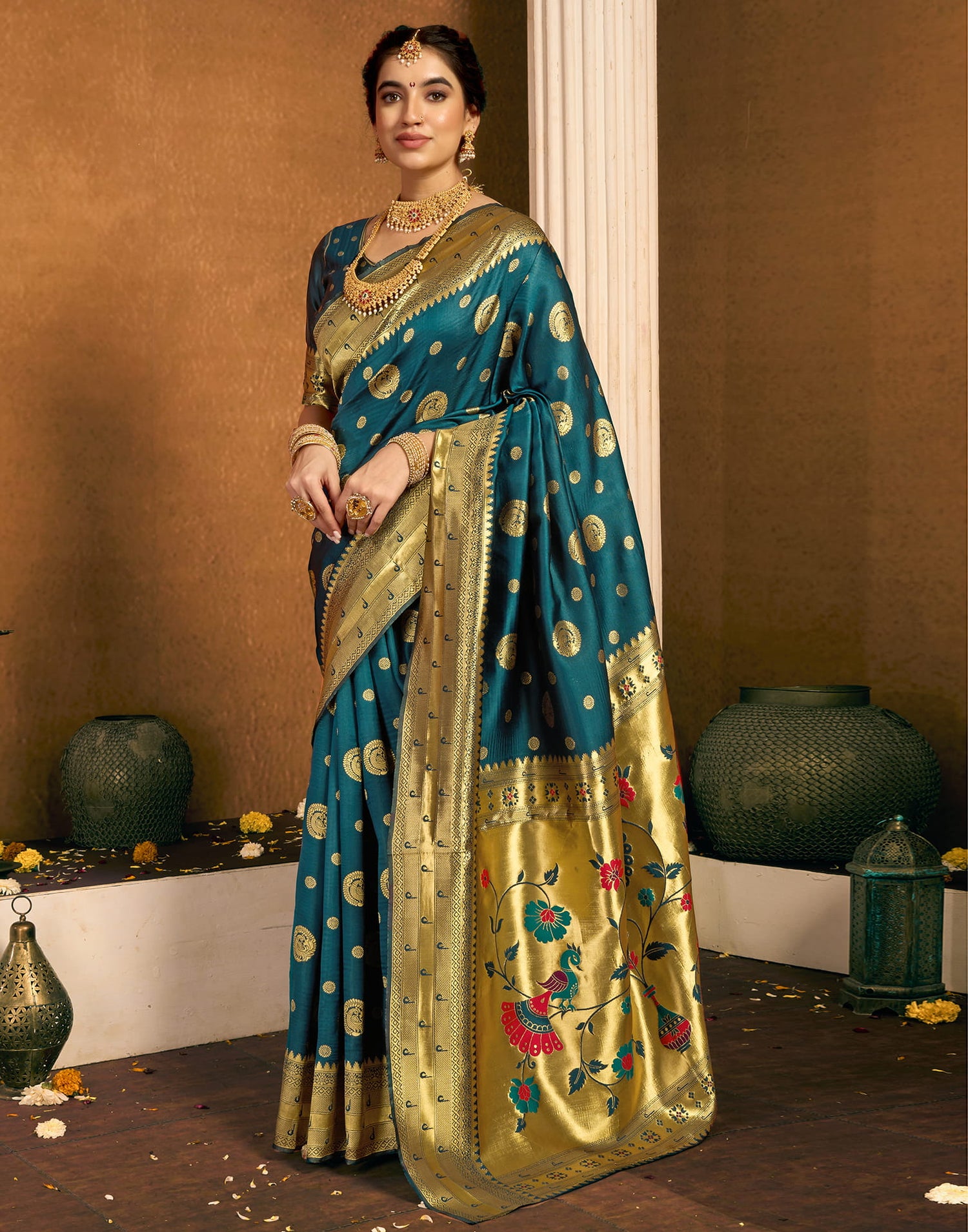 Dark Rama Blue Silk Woven Paithani Saree