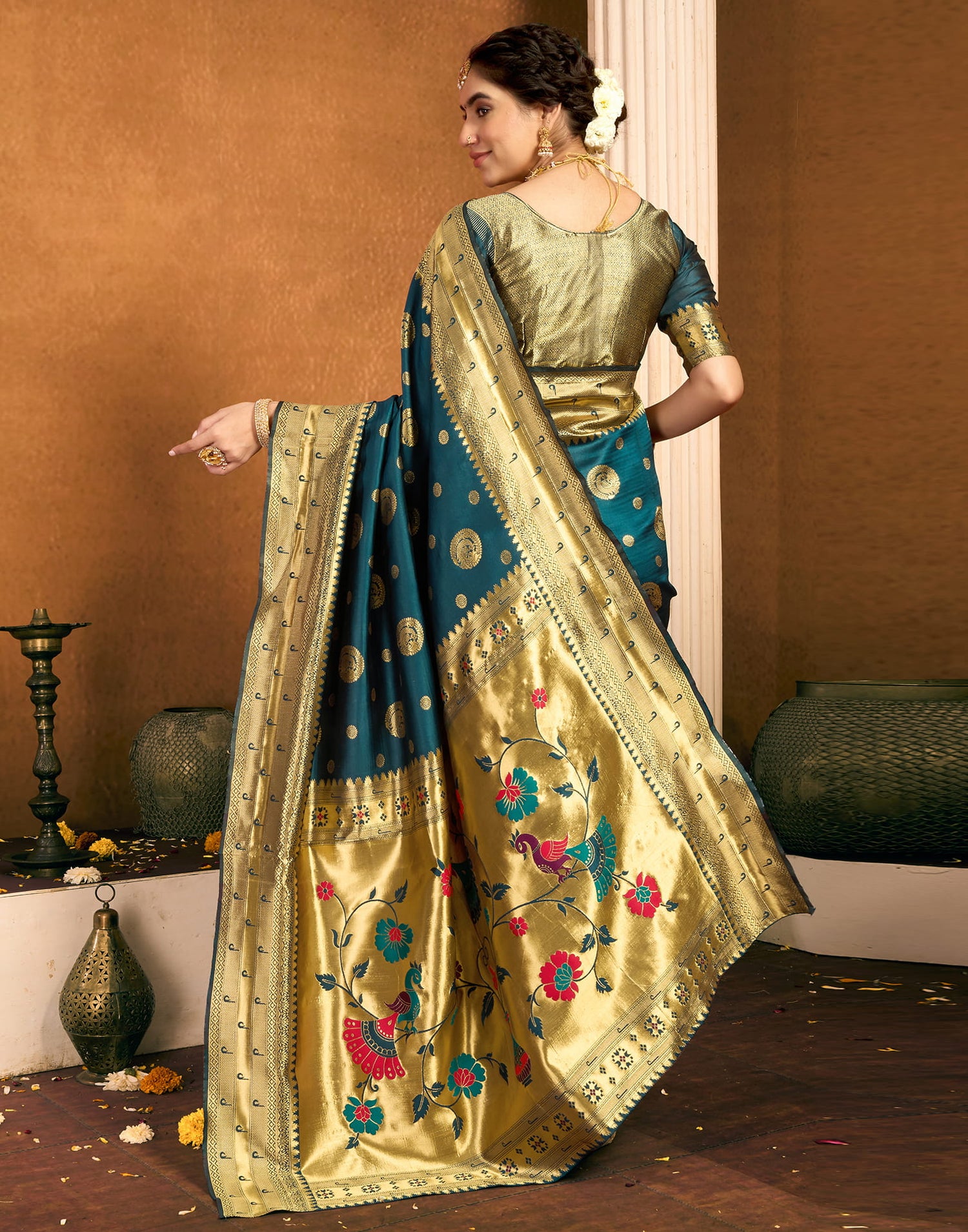 Dark Rama Blue Silk Woven Paithani Saree