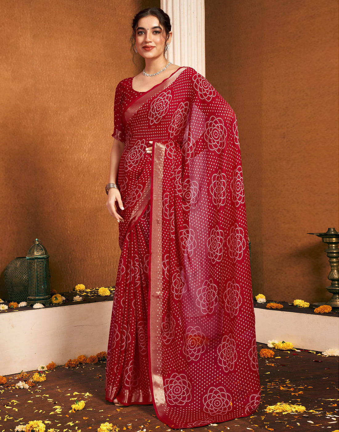 Red Chiffon Printed Bandhani Saree