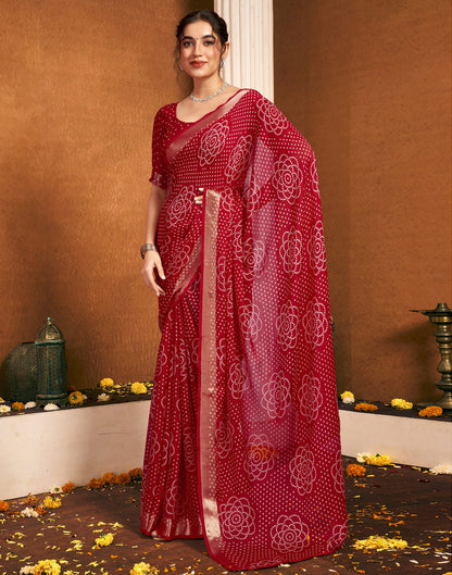 Dark Red Chiffon Bandhani Printed Saree