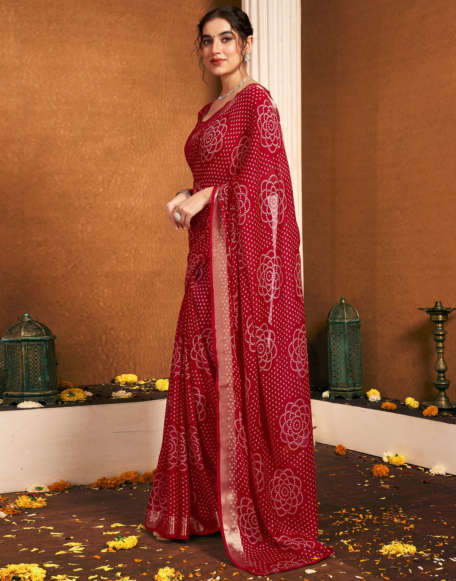 Red Chiffon Printed Bandhani Saree