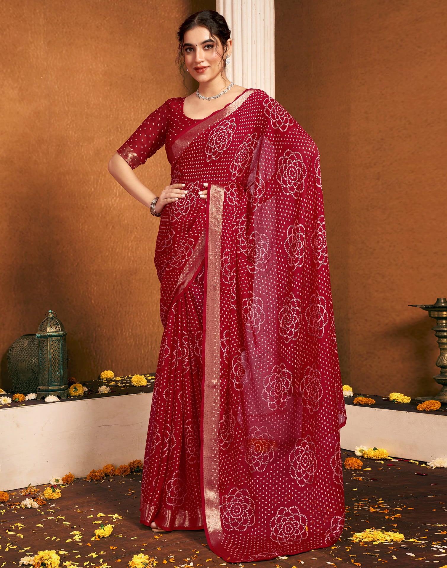 Red Chiffon Printed Bandhani Saree