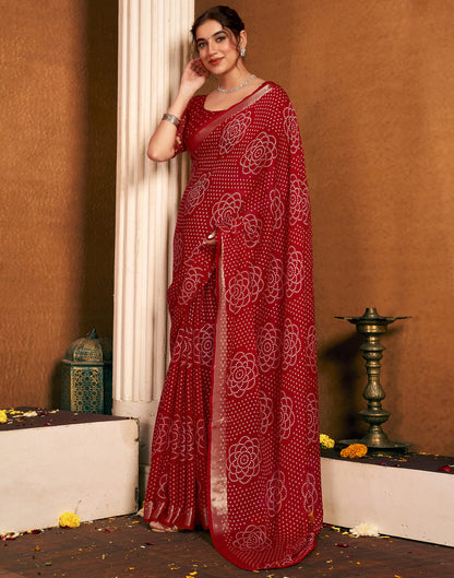 Dark Red Chiffon Bandhani Printed Saree