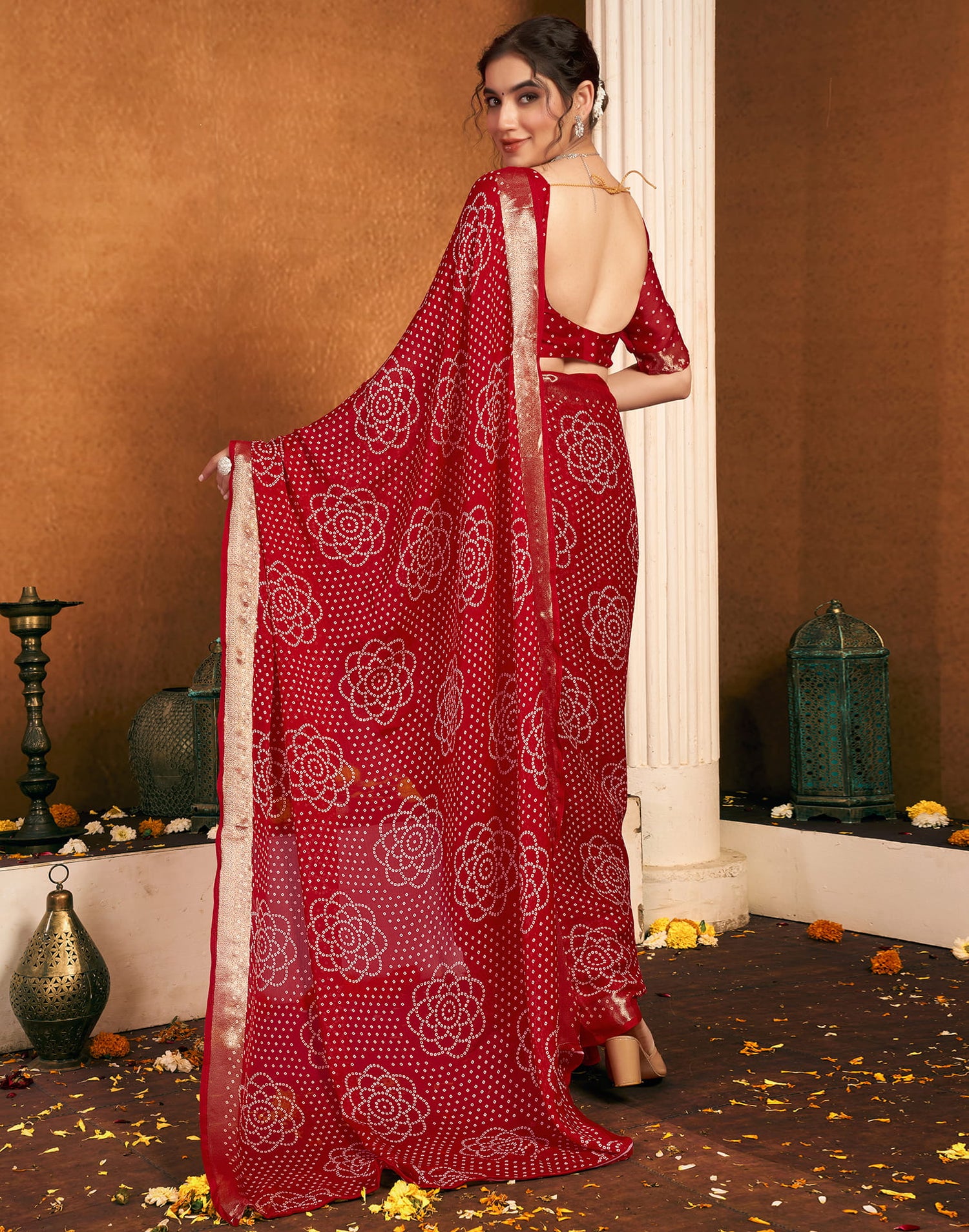 Dark Red Chiffon Bandhani Printed Saree