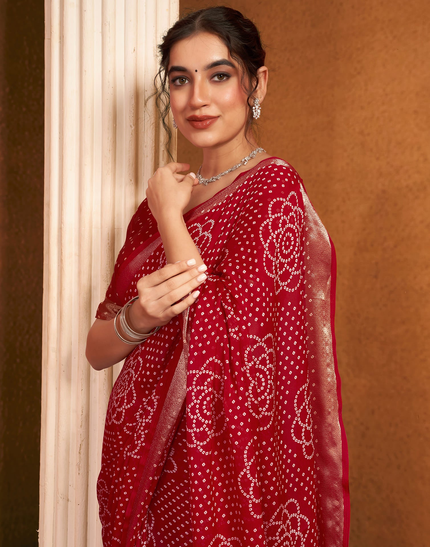 Red Chiffon Printed Bandhani Saree