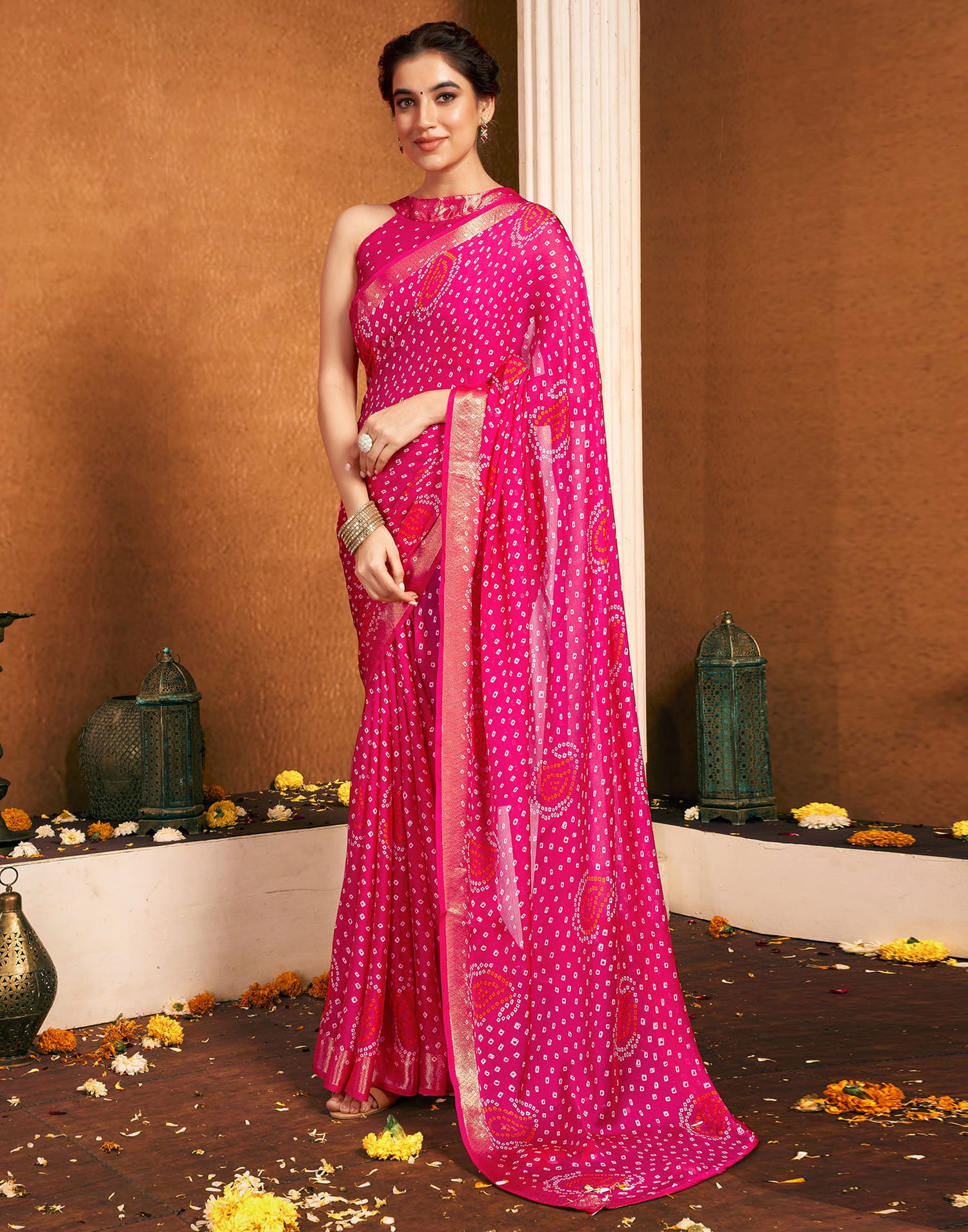 Rani Pink Chiffon Bandhani Printed Saree