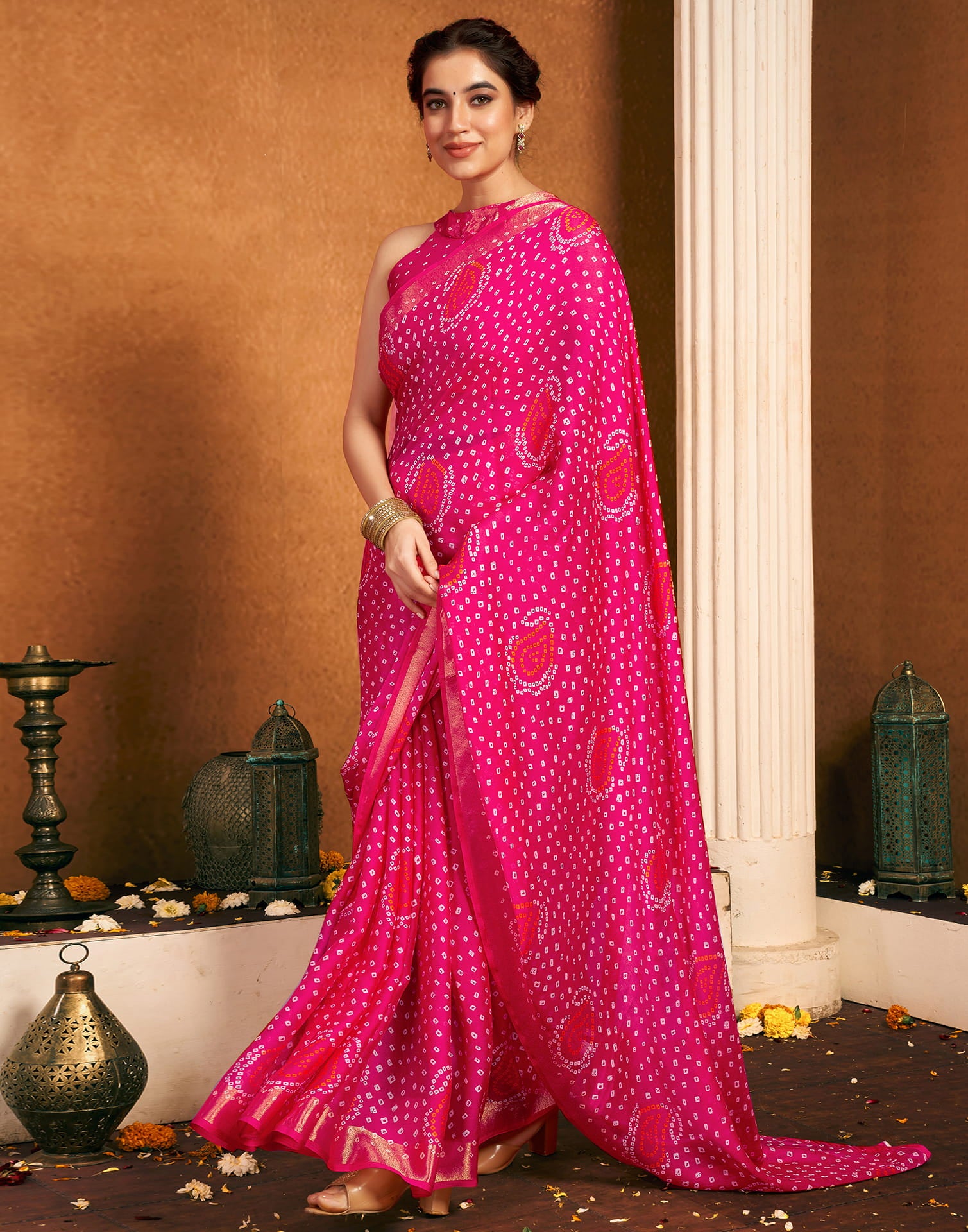 Rani Pink Chiffon Bandhani Printed Saree