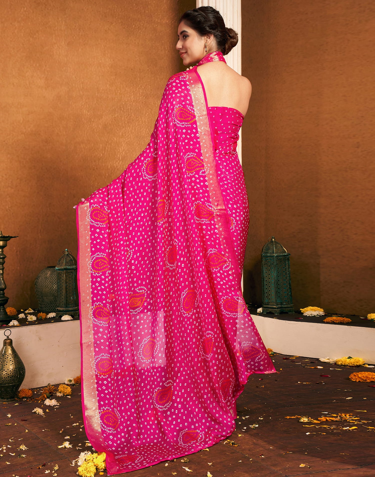 Rani Pink Chiffon Bandhani Printed Saree