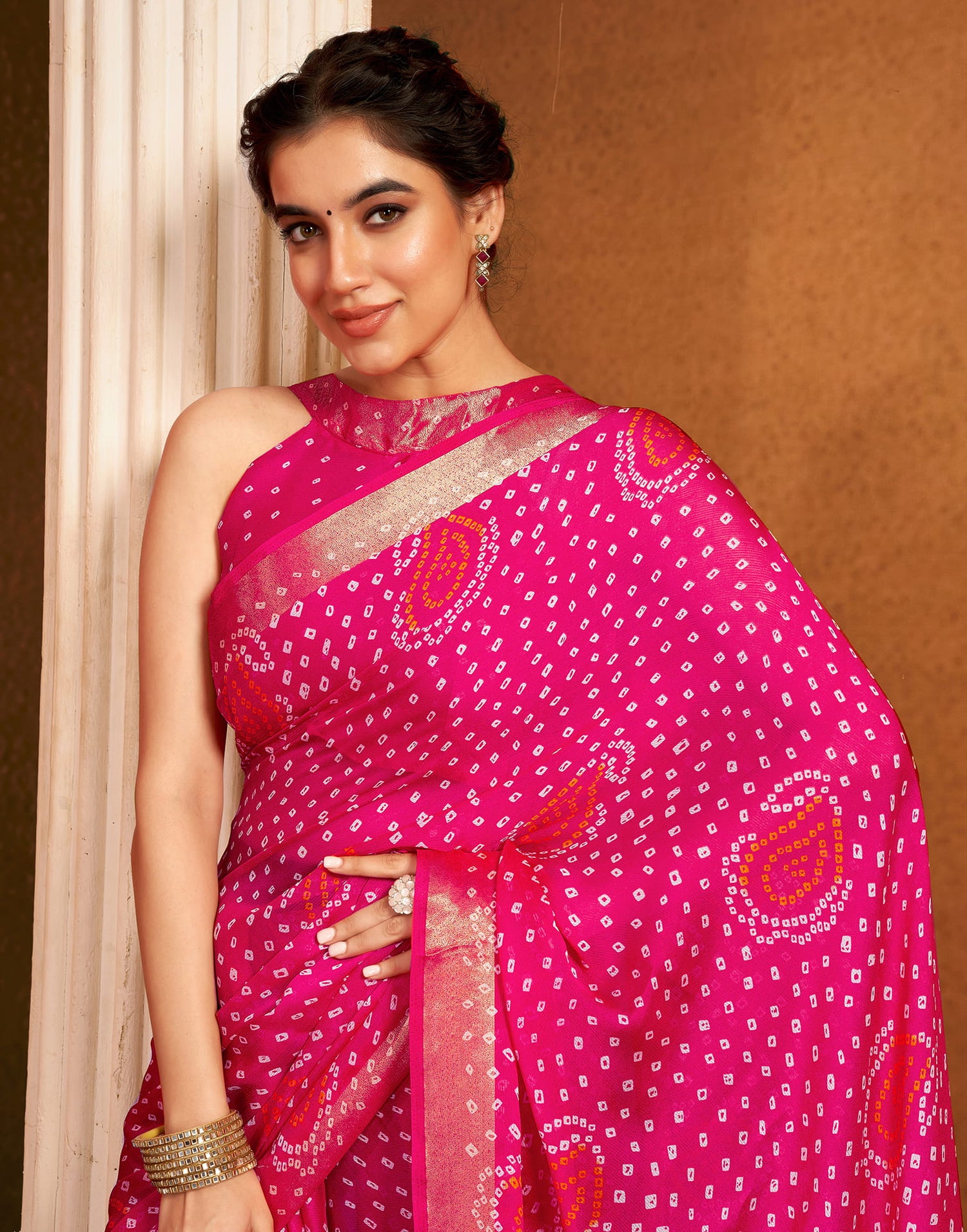 Rani Pink Chiffon Bandhani Printed Saree