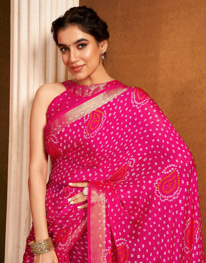 Rani Pink Chiffon Bandhani Printed Saree