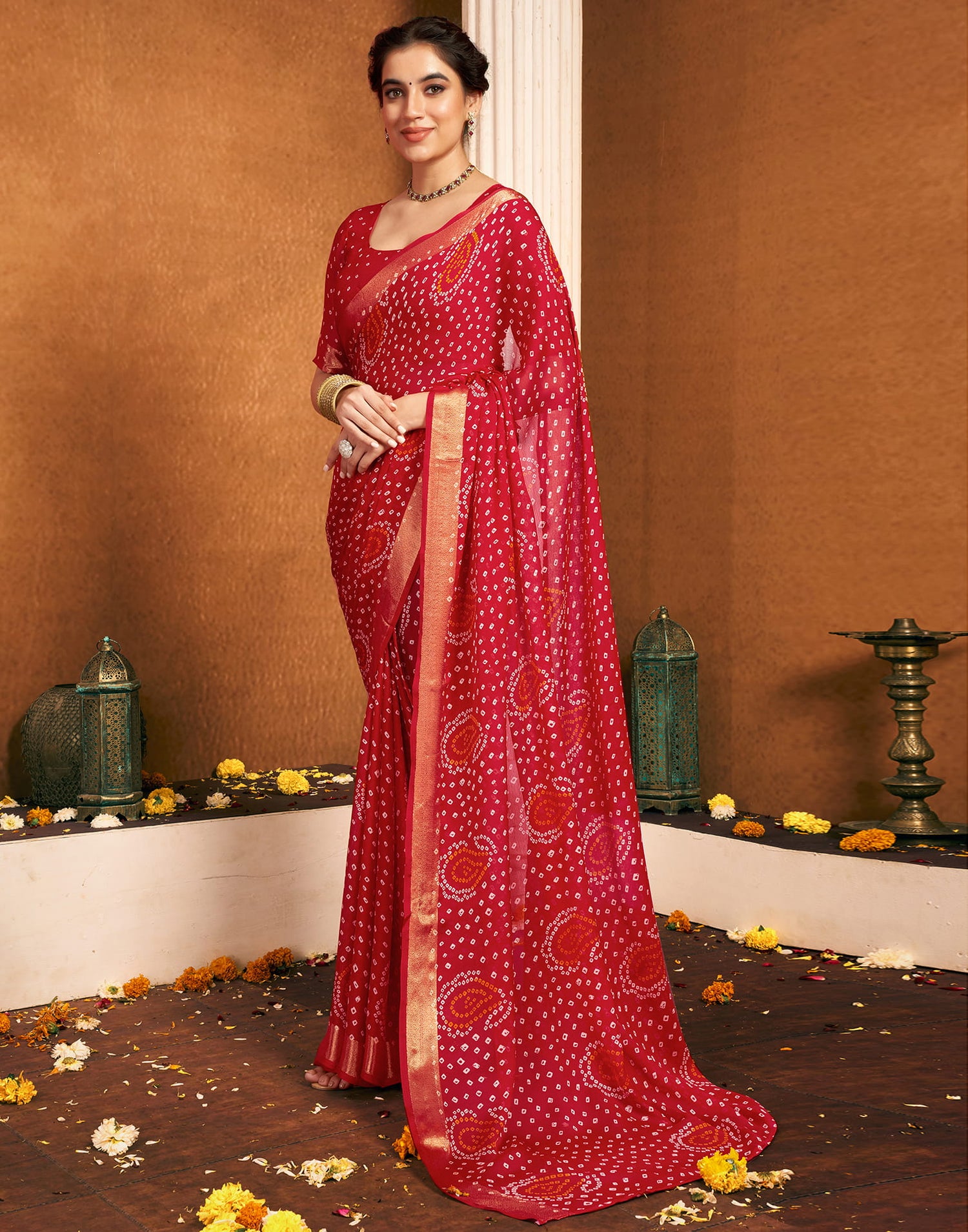 Red Chiffon Bandhani Printed Saree