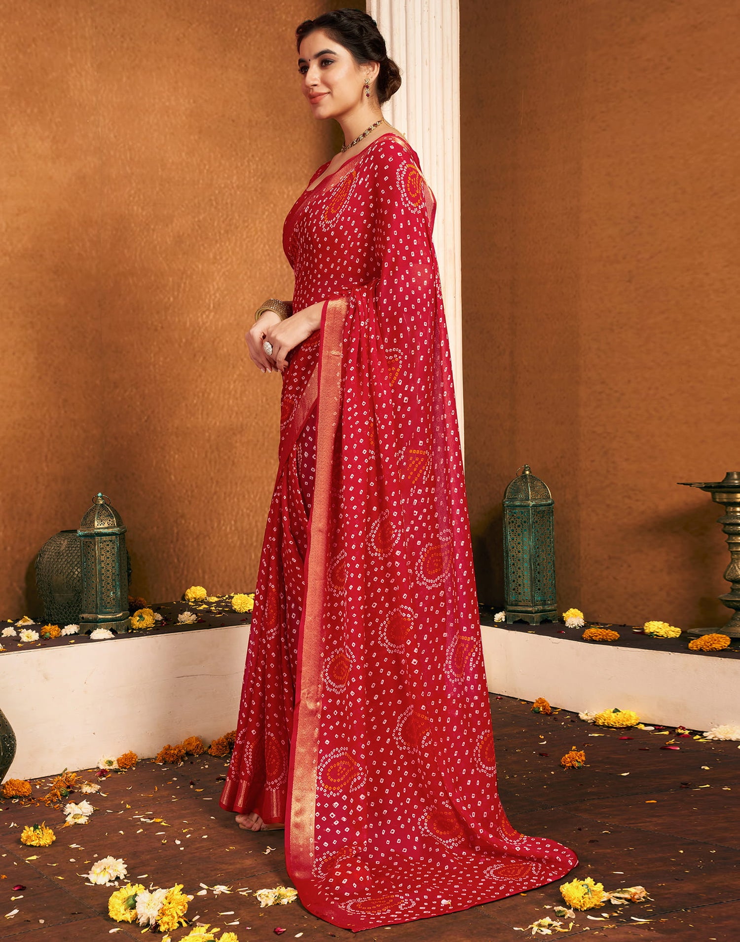 Red Chiffon Bandhani Printed Saree