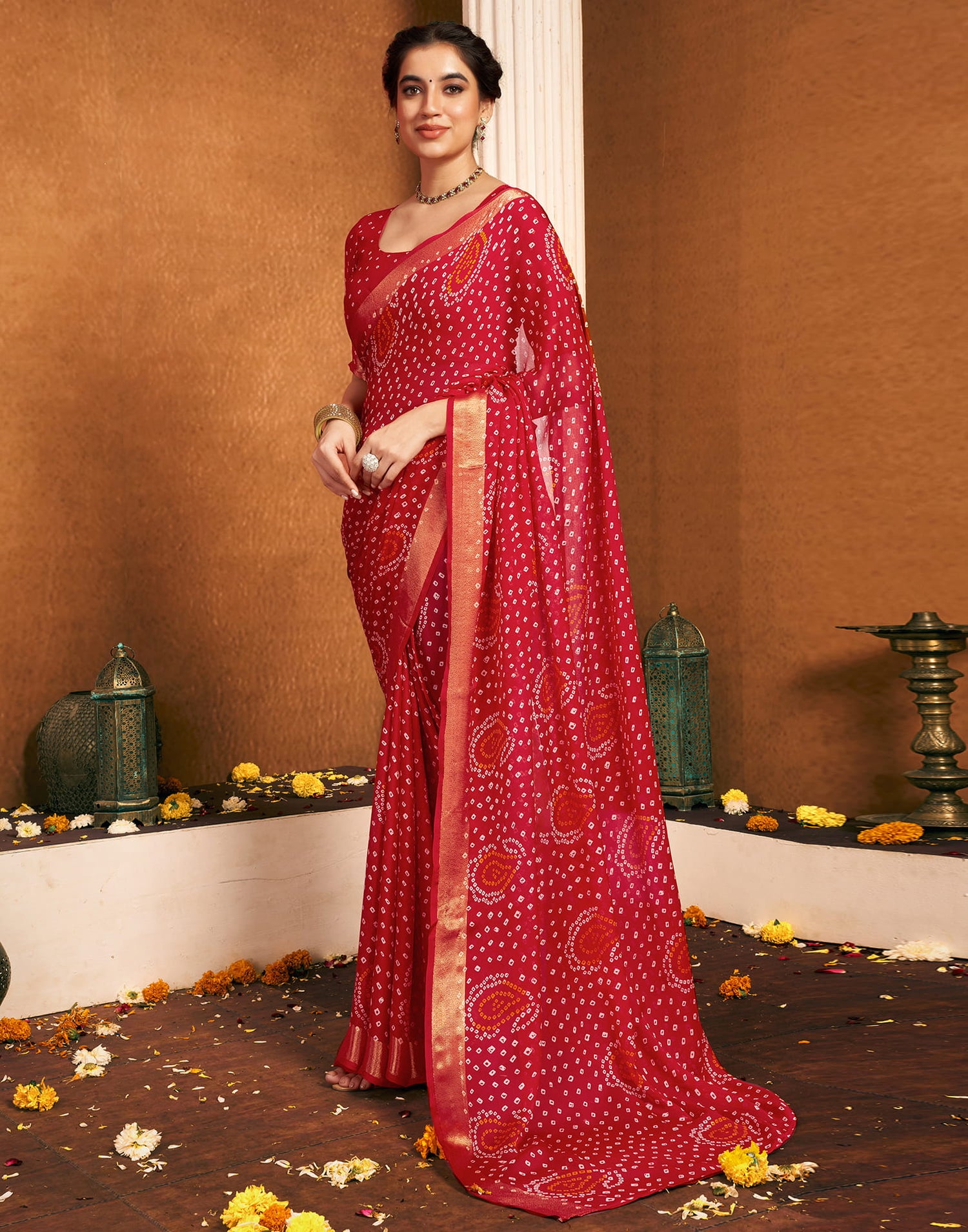 Red Chiffon Bandhani Printed Saree