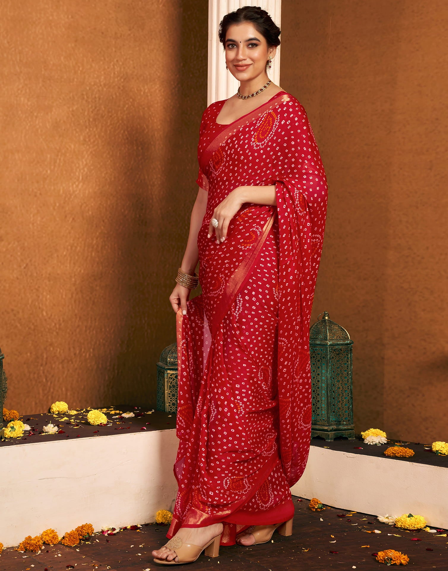 Red Chiffon Printed Bandhani Saree