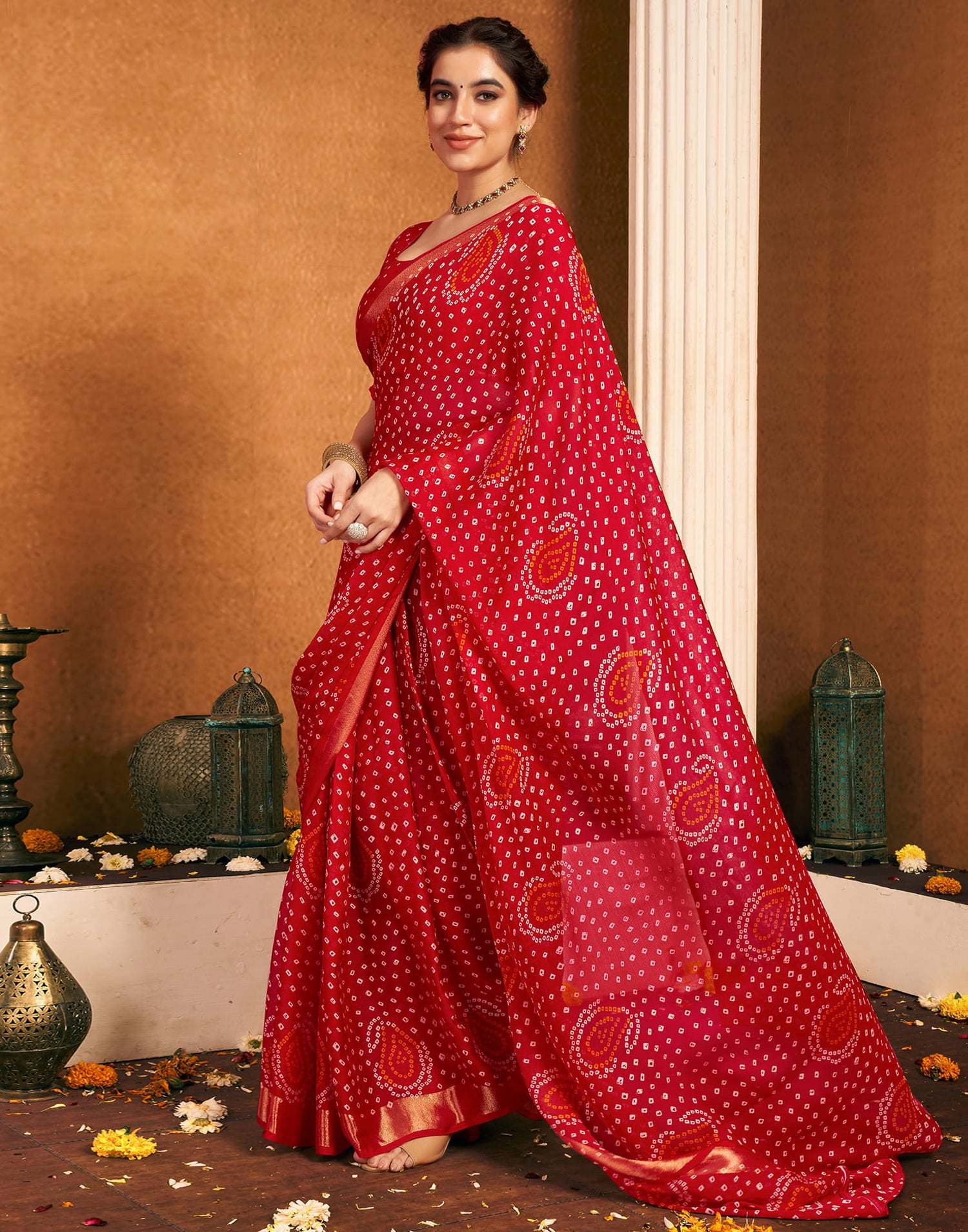 Red Chiffon Bandhani Printed Saree