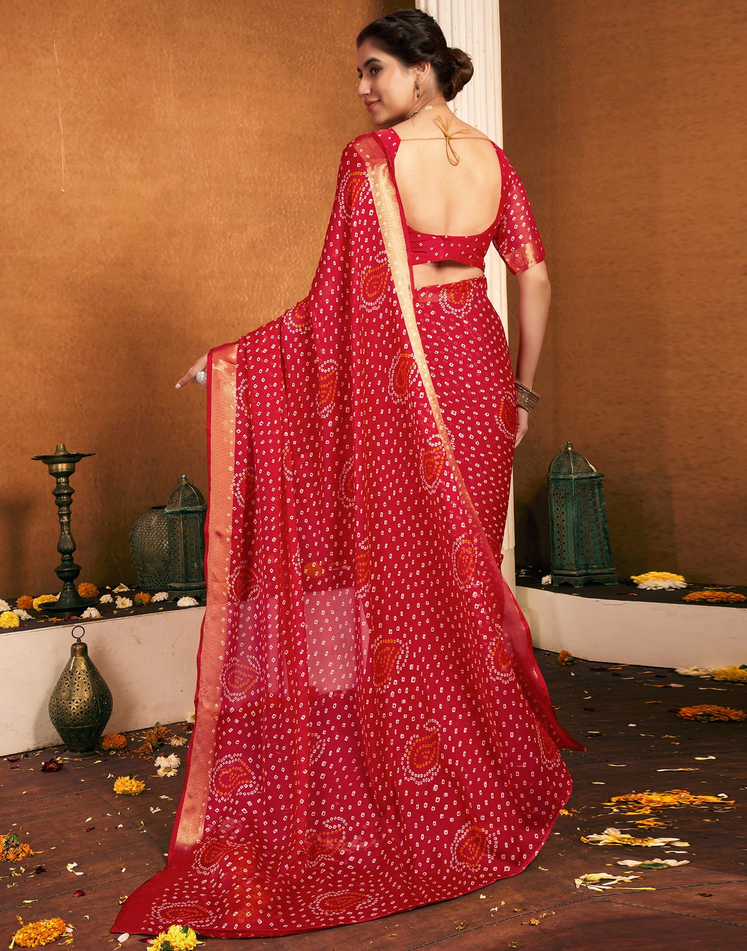 Red Chiffon Bandhani Printed Saree