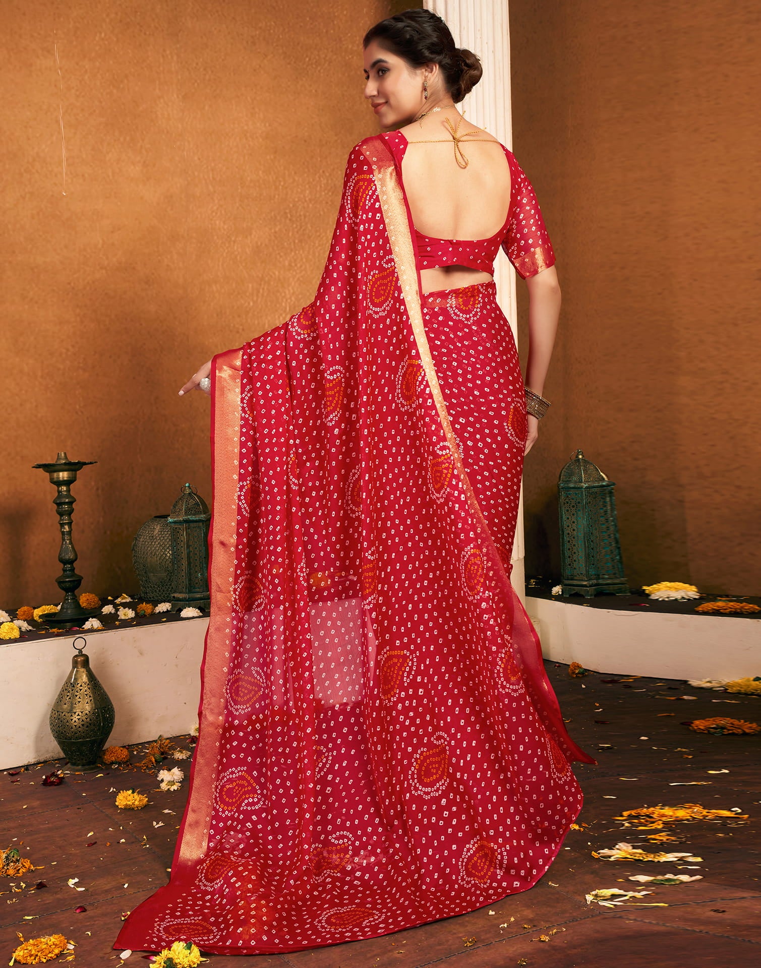 Red Chiffon Printed Bandhani Saree