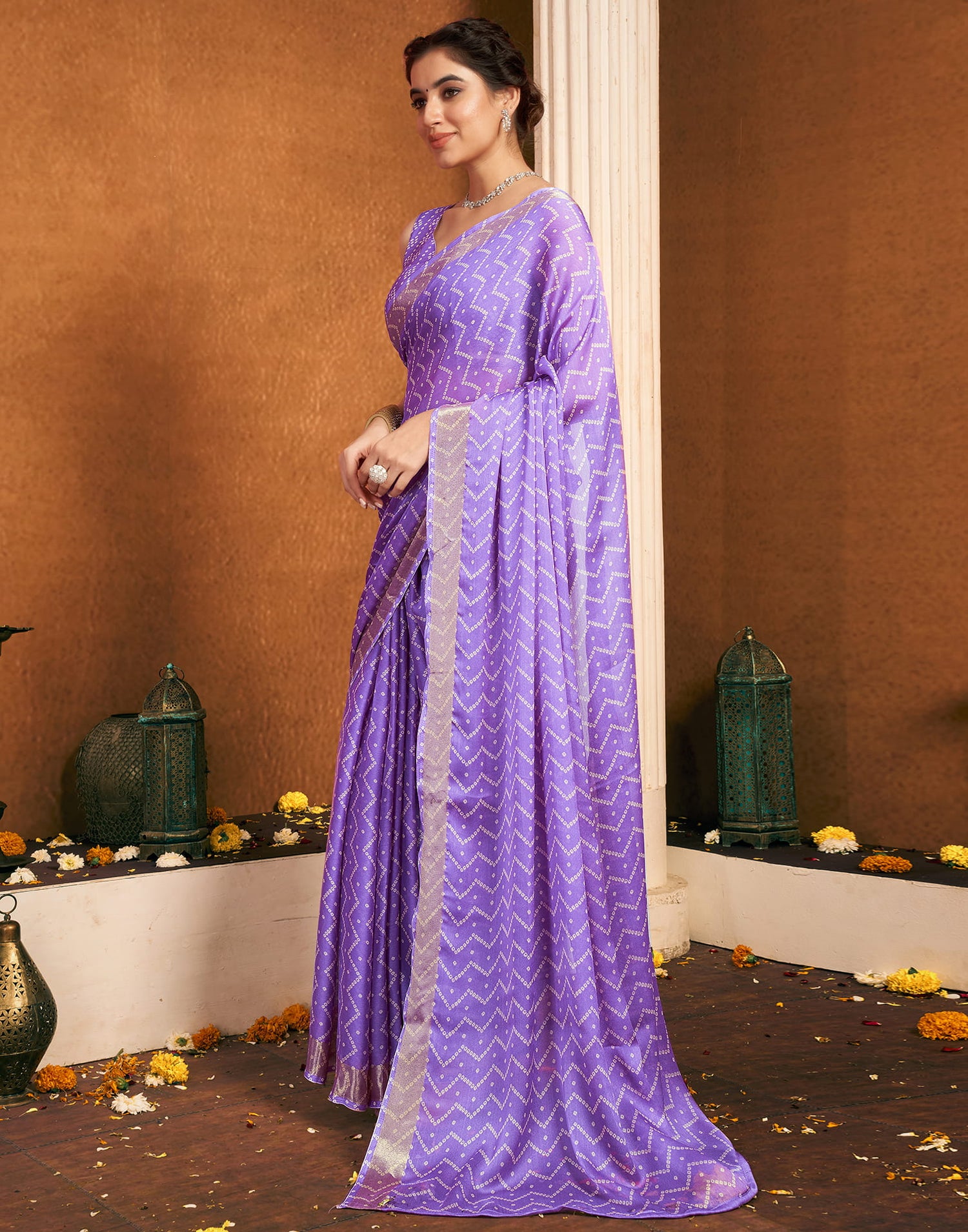 Light Purple Chiffon Bandhani Printed Saree