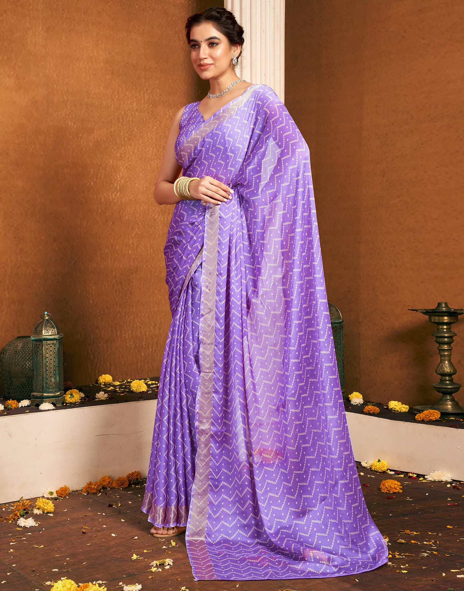 Light Purple Chiffon Bandhani Printed Saree