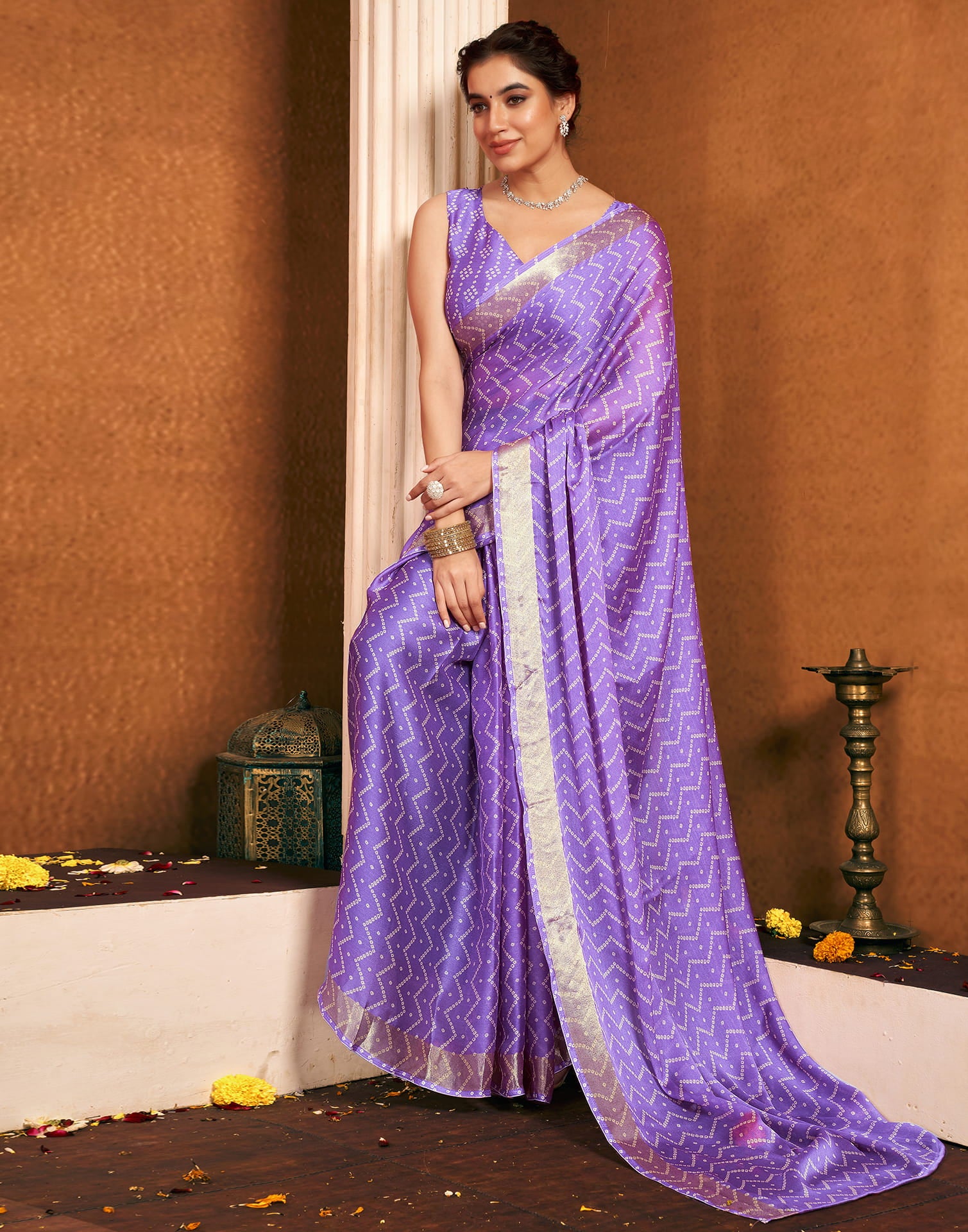 Lavender Chiffon Printed Bandhani Saree