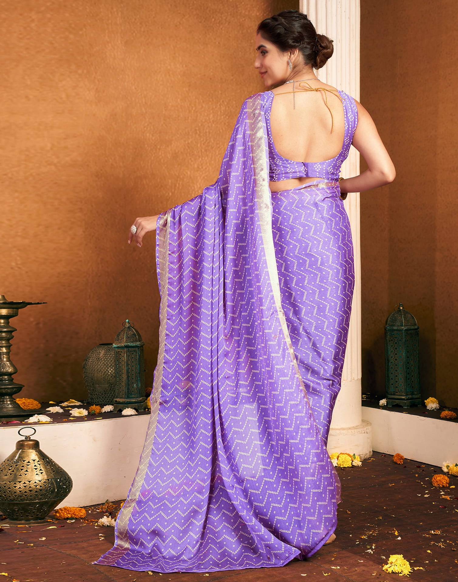 Lavender Chiffon Printed Bandhani Saree