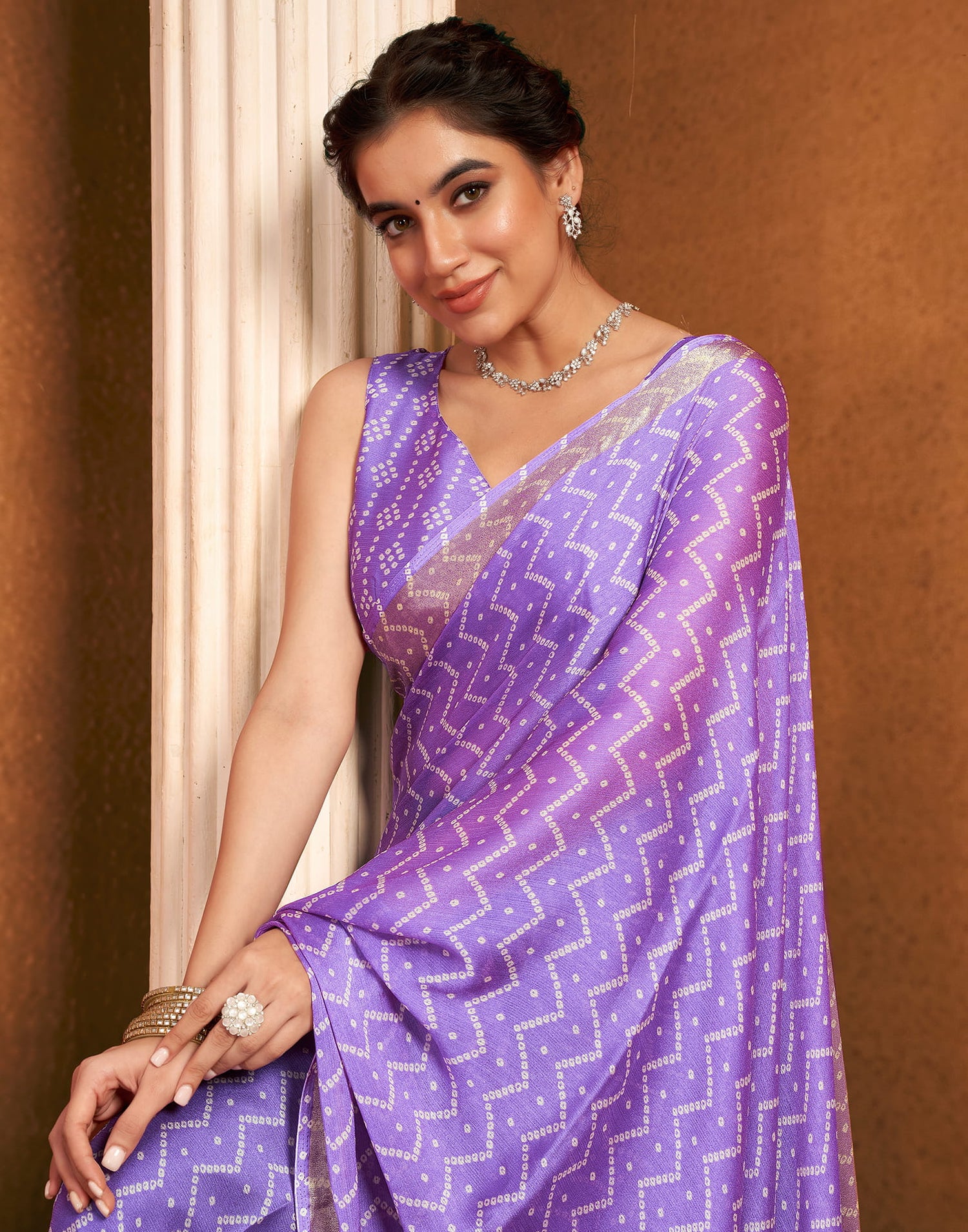 Lavender Chiffon Printed Bandhani Saree