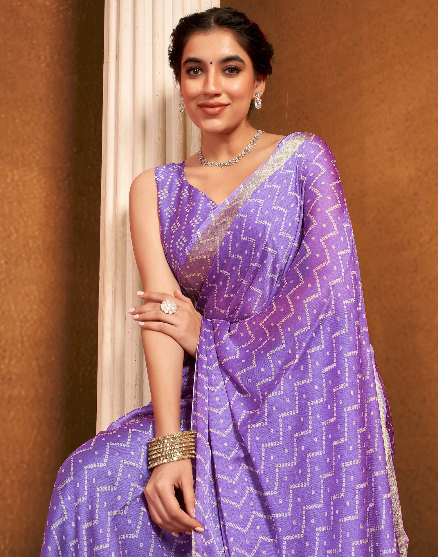 Light Purple Chiffon Bandhani Printed Saree