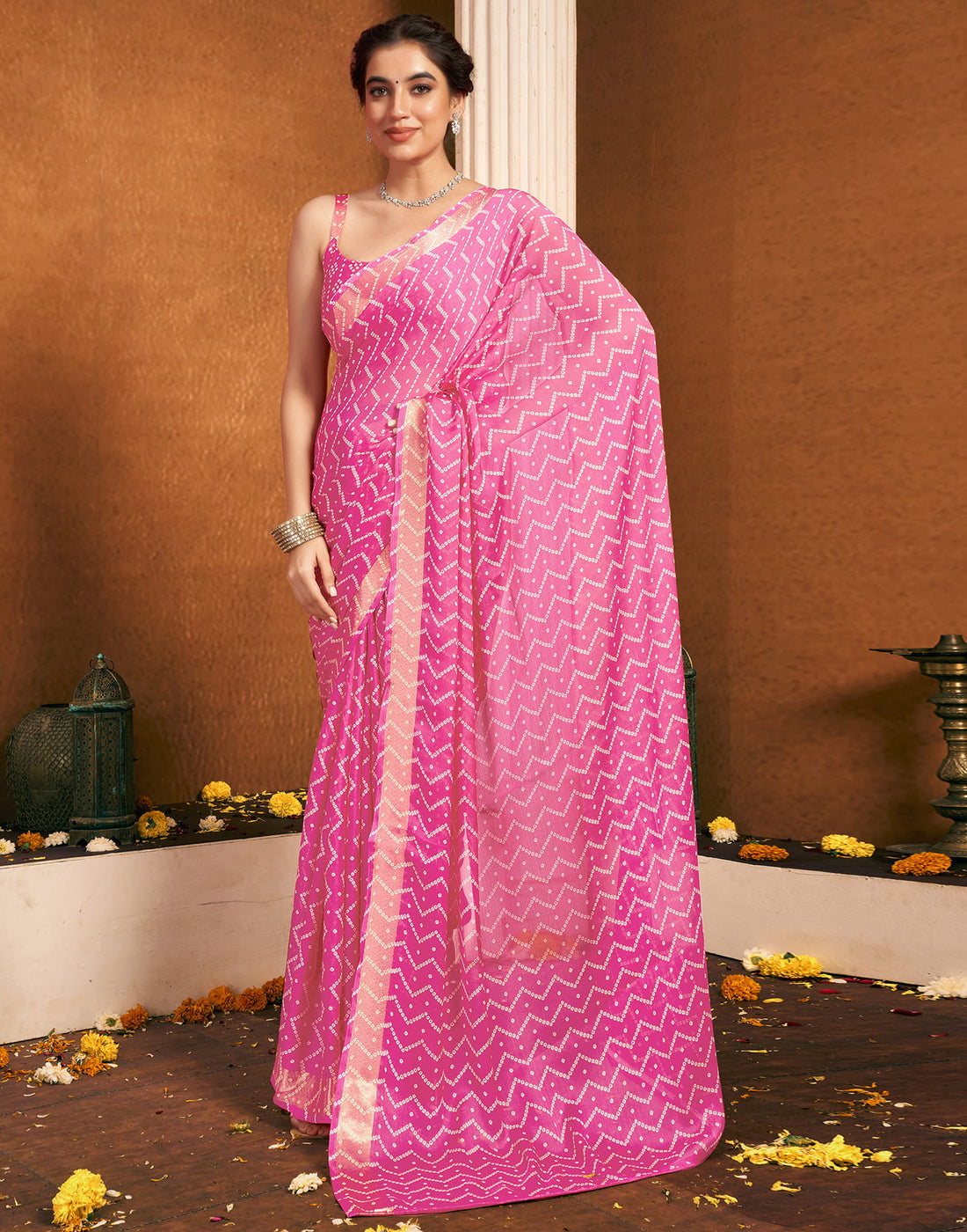 Pink Chiffon Bandhani Printed Saree