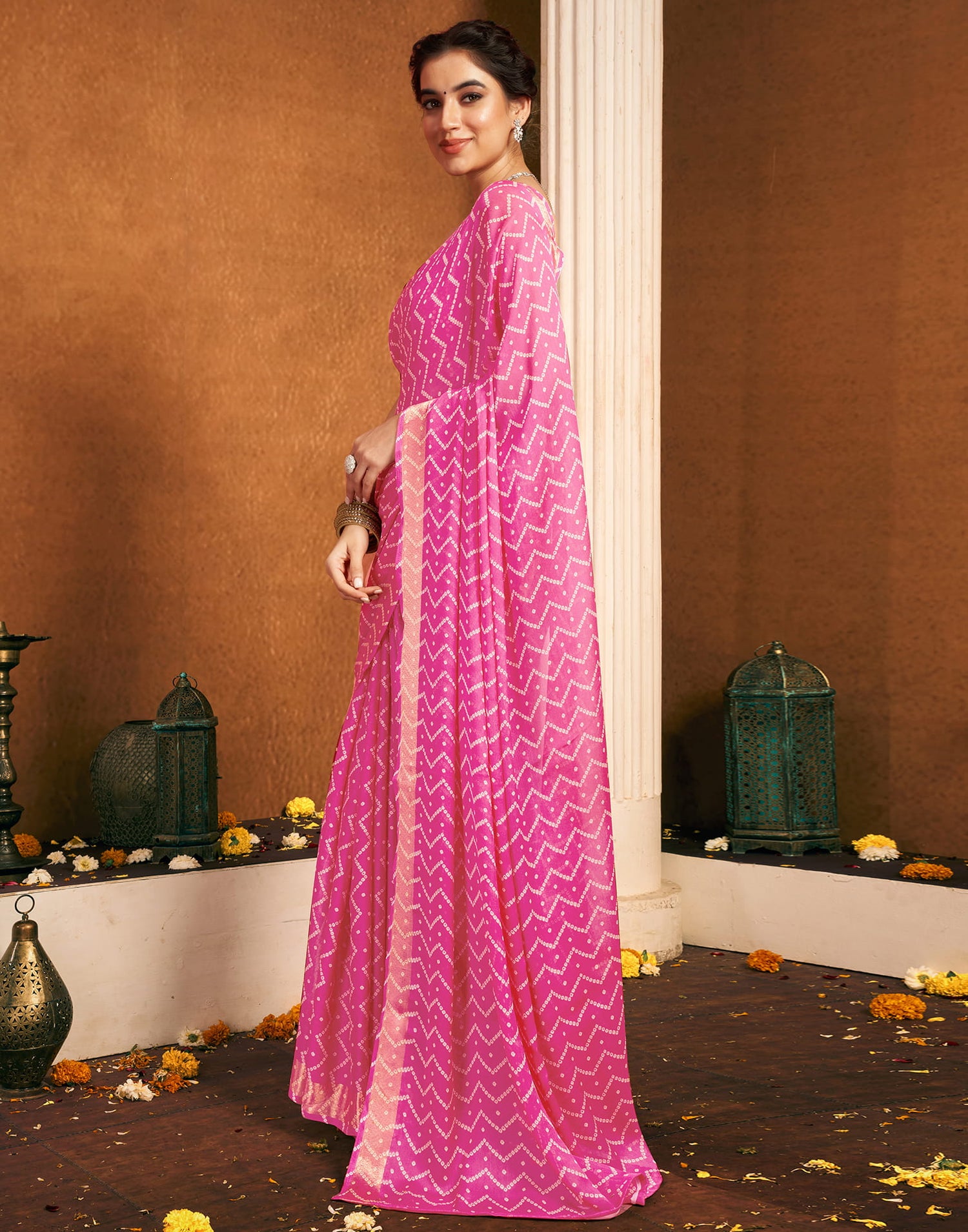 Pink Chiffon Printed Bandhani Saree