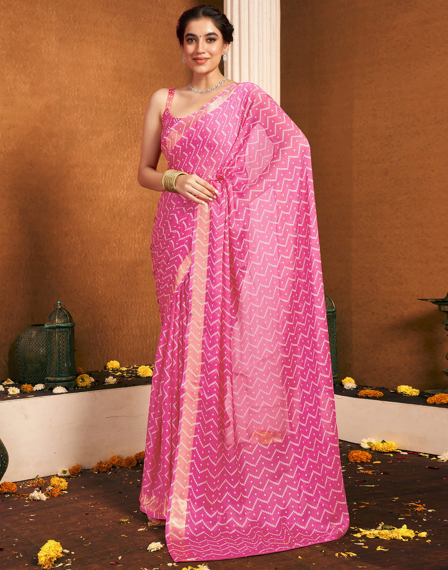 Pink Chiffon Bandhani Printed Saree