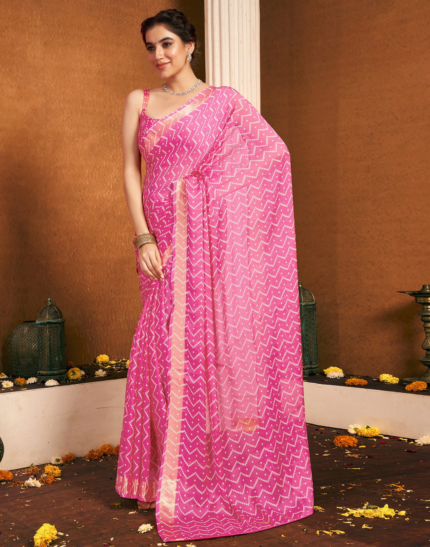 Pink Chiffon Bandhani Printed Saree