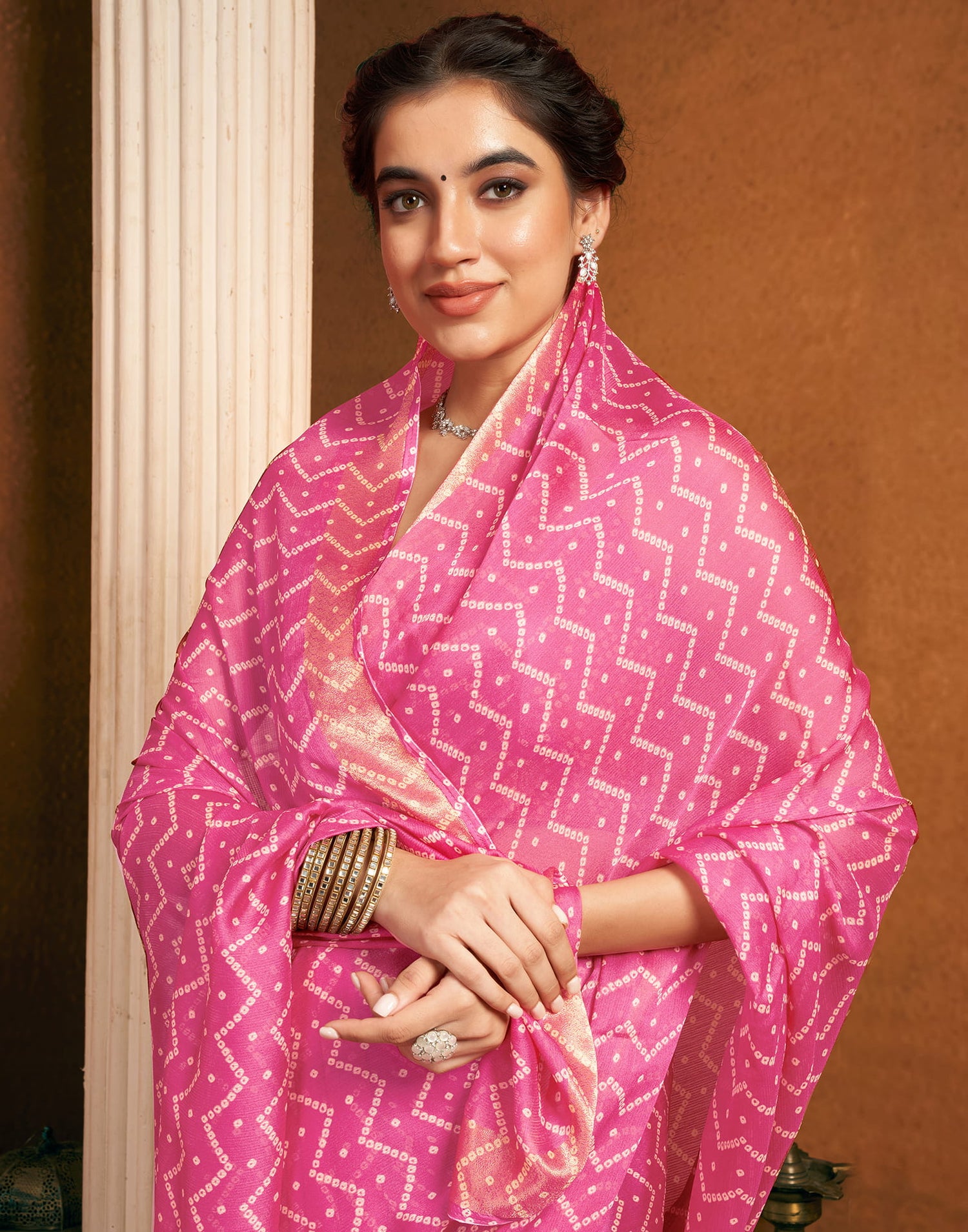 Pink Chiffon Bandhani Printed Saree