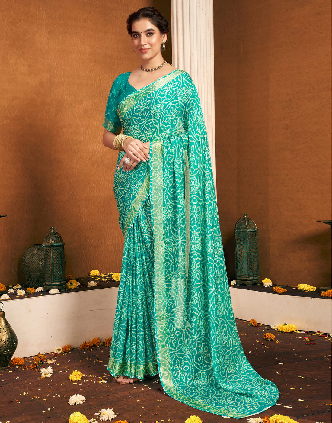 Turquoise Chiffon Printed Bandhani Saree