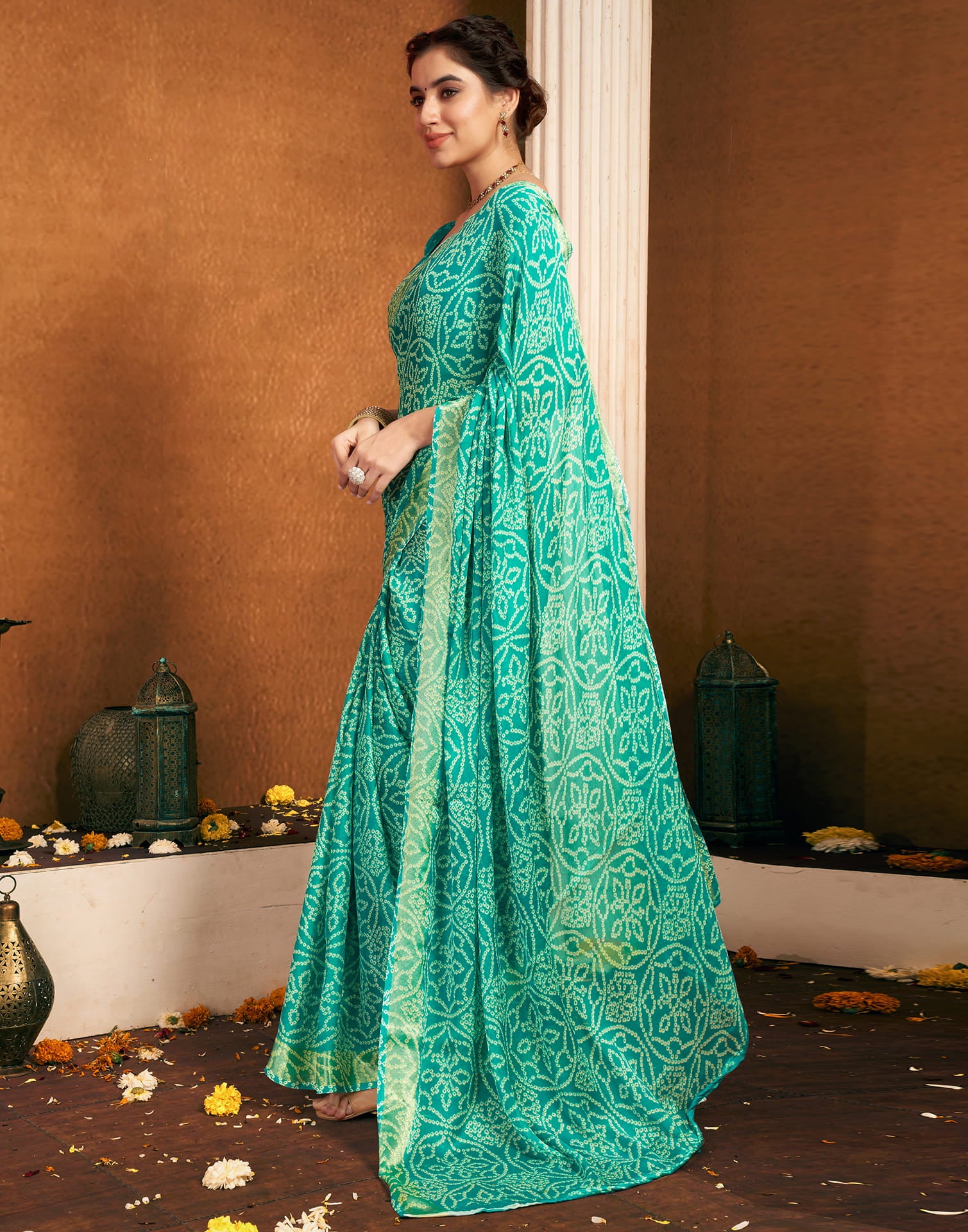 Turquoise Chiffon Bandhani Printed Saree