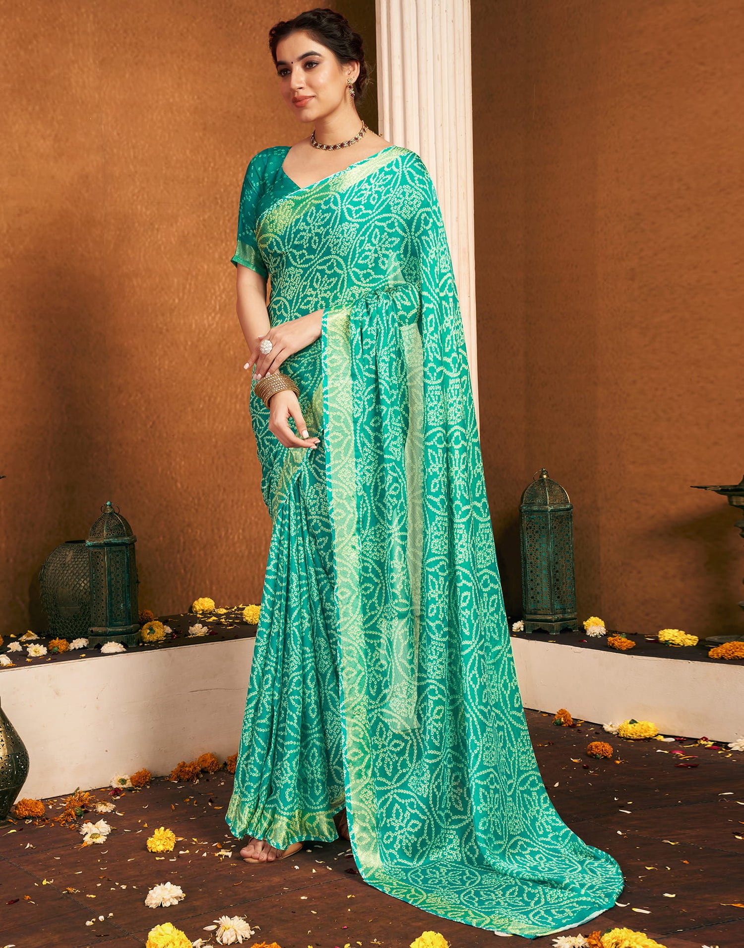 Turquoise Chiffon Printed Bandhani Saree