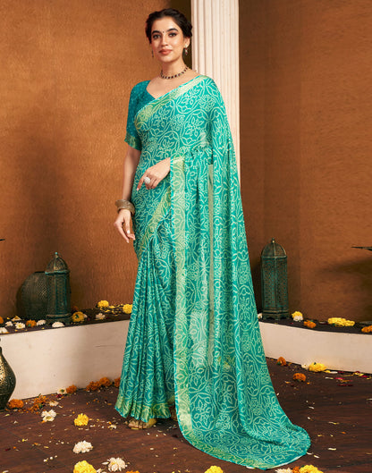 Turquoise Chiffon Bandhani Printed Saree