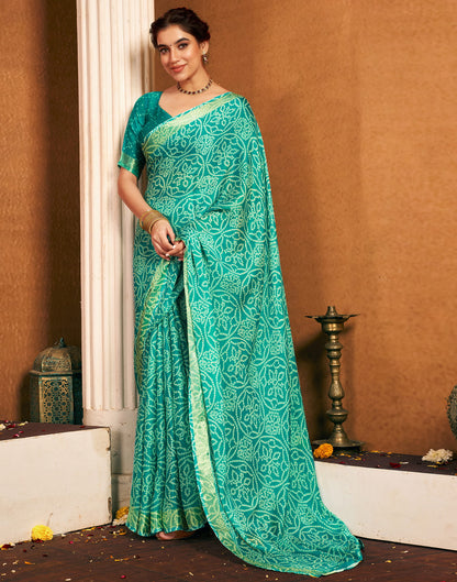 Turquoise Chiffon Printed Bandhani Saree