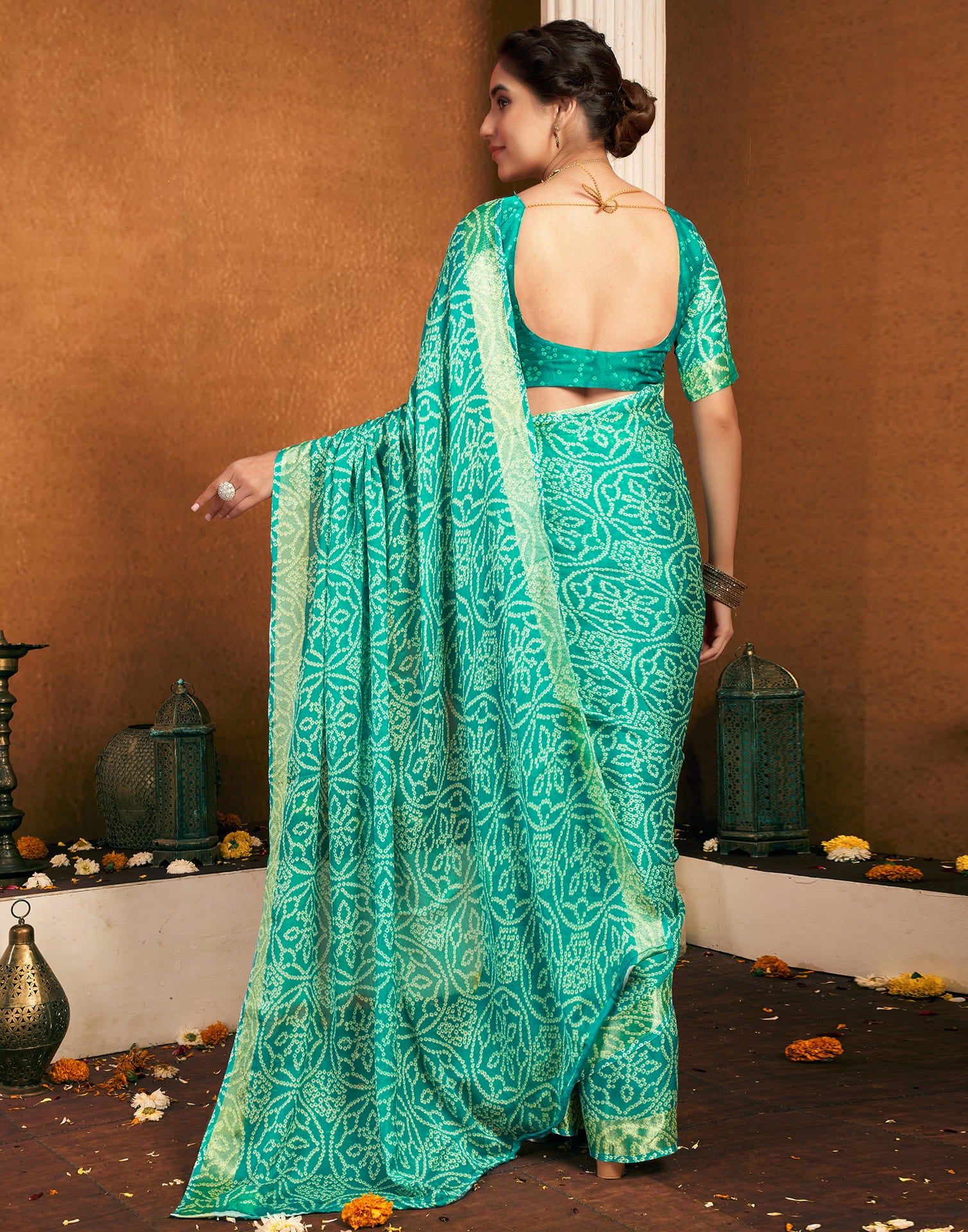 Turquoise Chiffon Bandhani Printed Saree