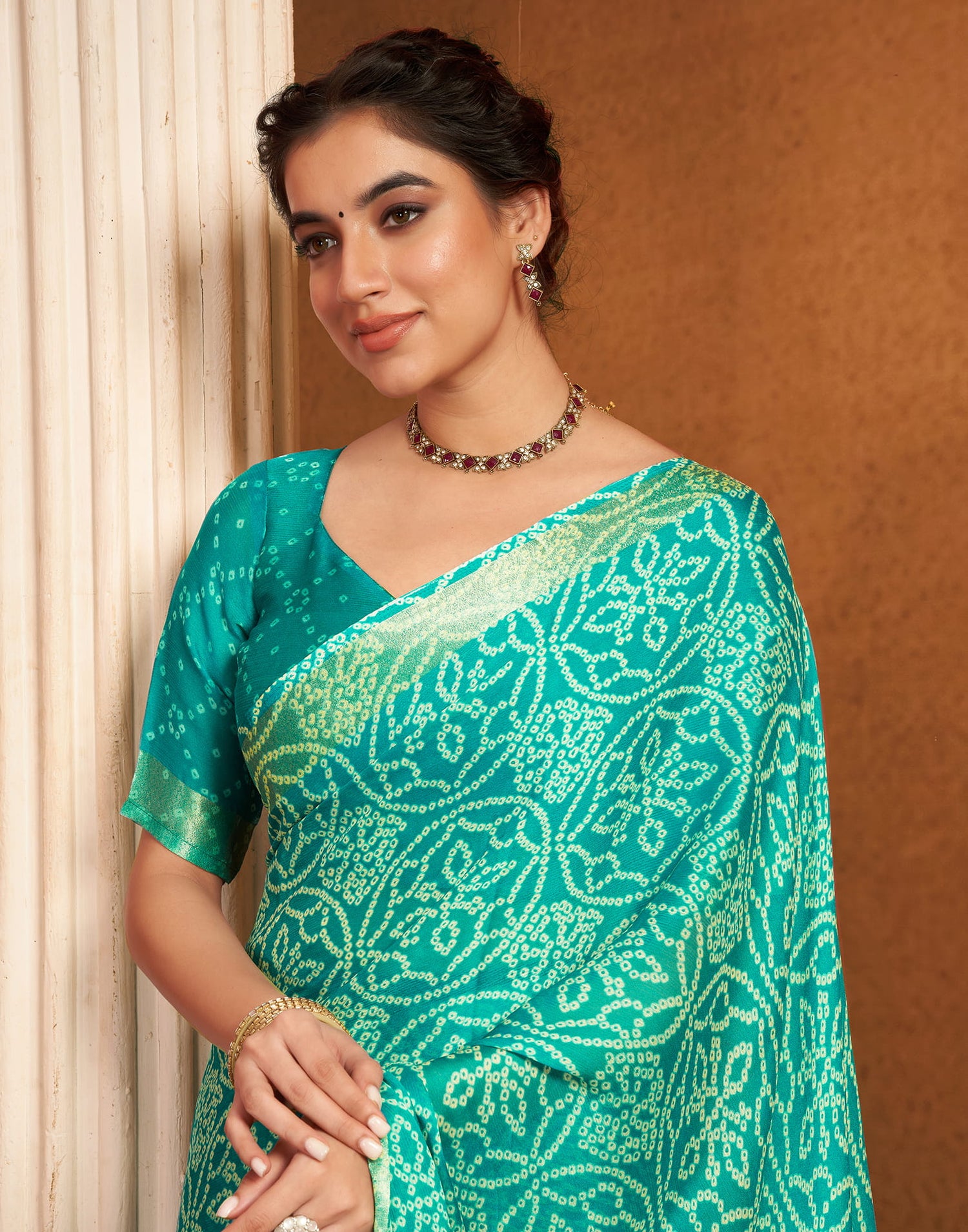 Turquoise Chiffon Printed Bandhani Saree