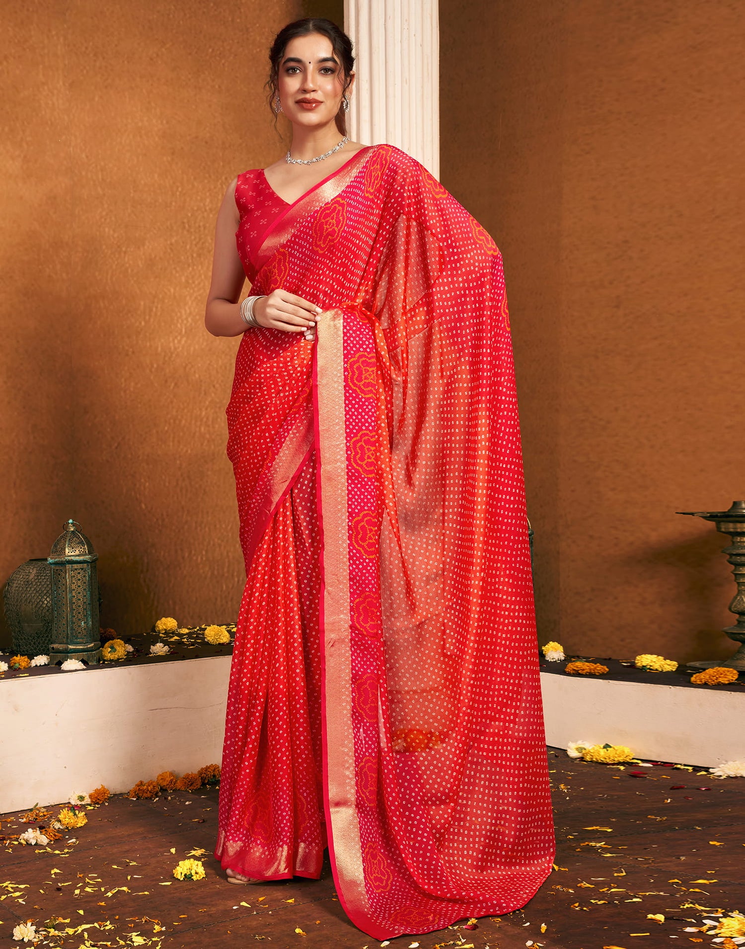 Rani Pink Chiffon Bandhani Printed Saree