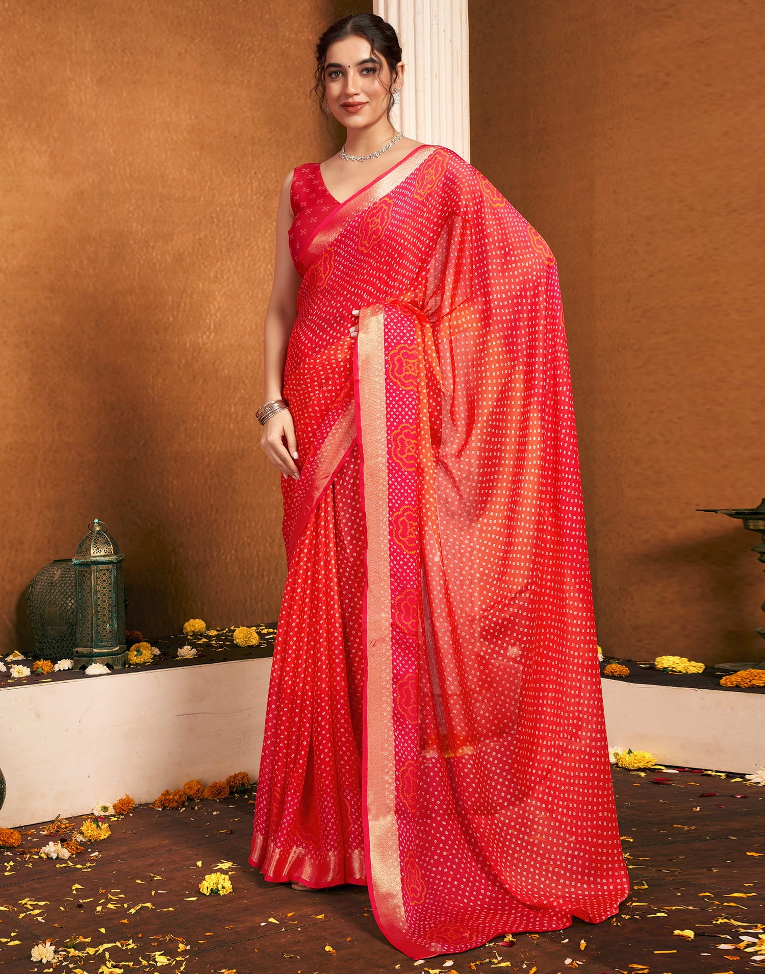 Red Chiffon Printed Bandhani Saree