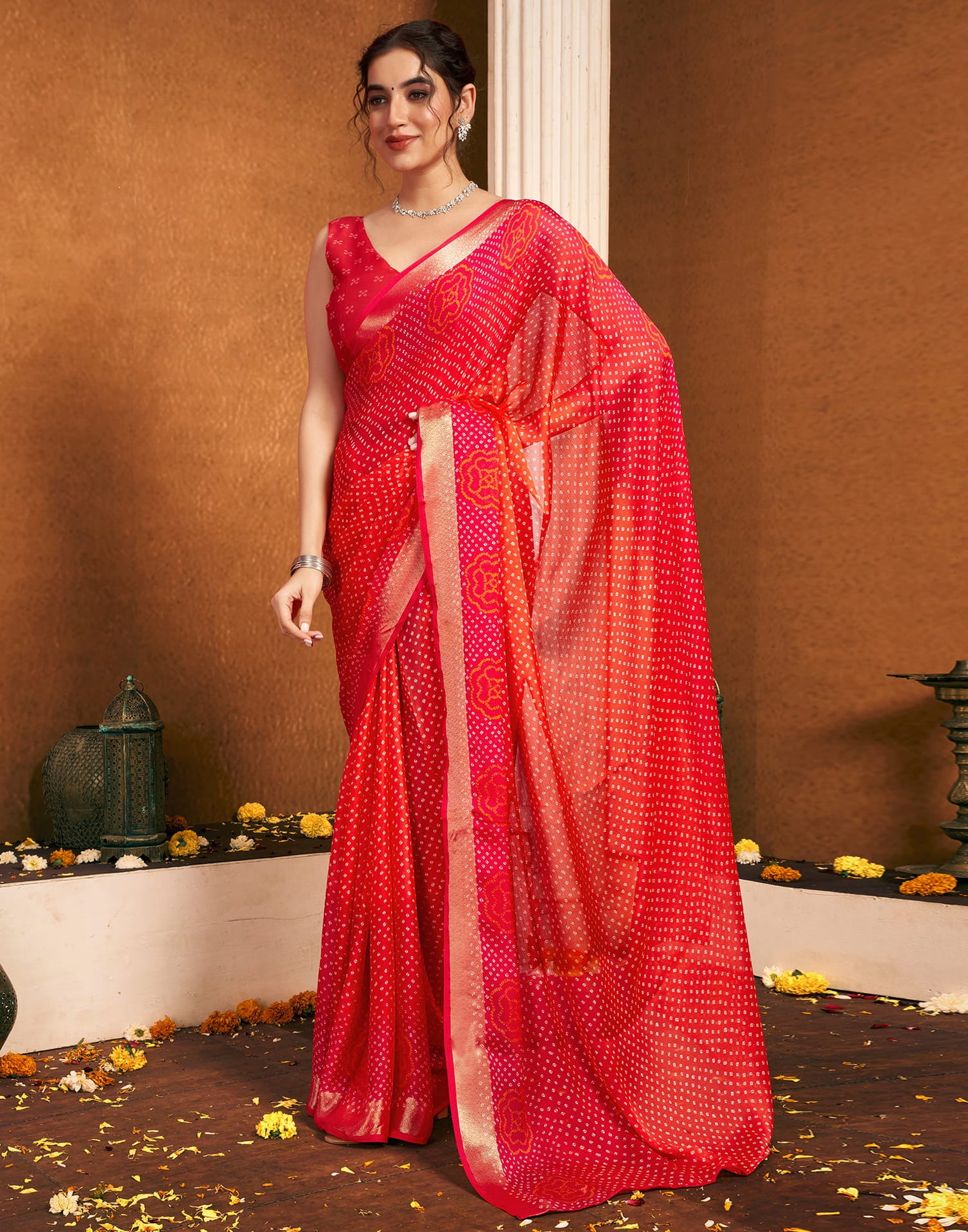 Rani Pink Chiffon Bandhani Printed Saree