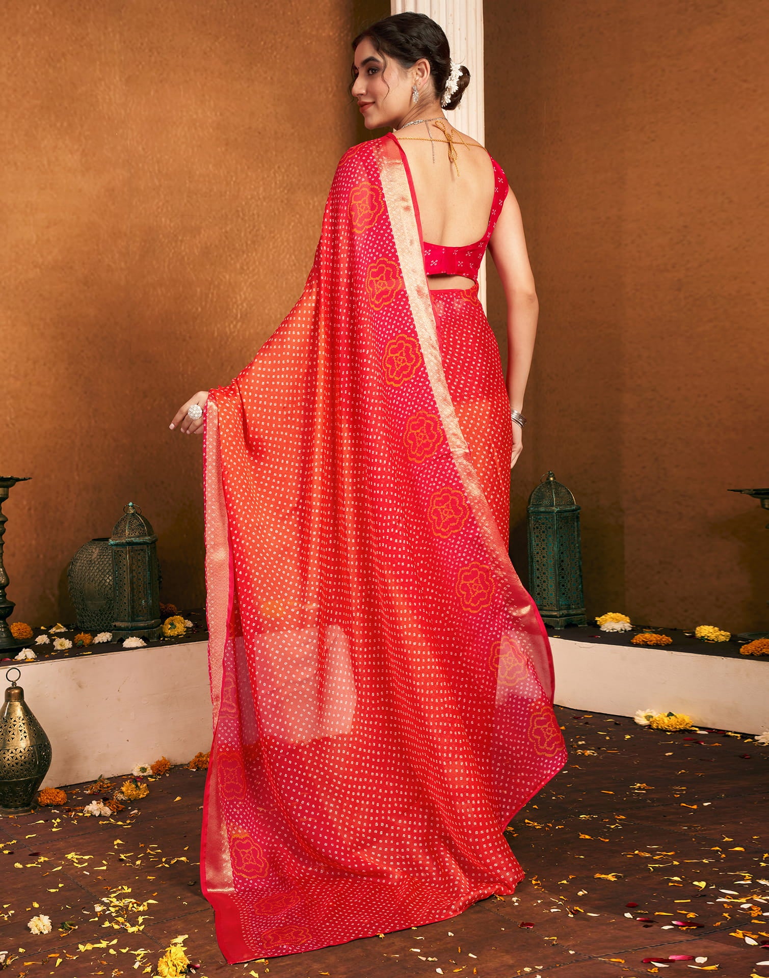 Rani Pink Chiffon Bandhani Printed Saree