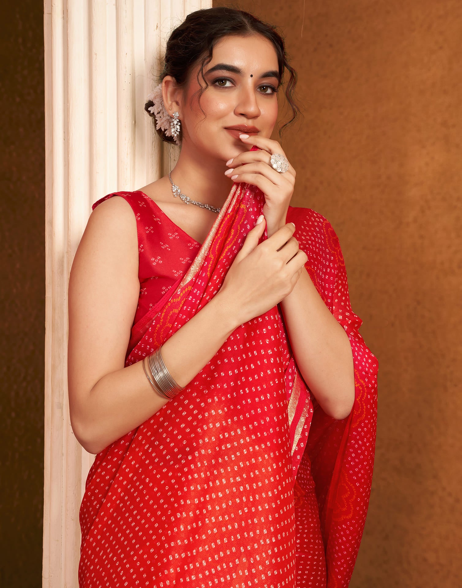 Red Chiffon Printed Bandhani Saree