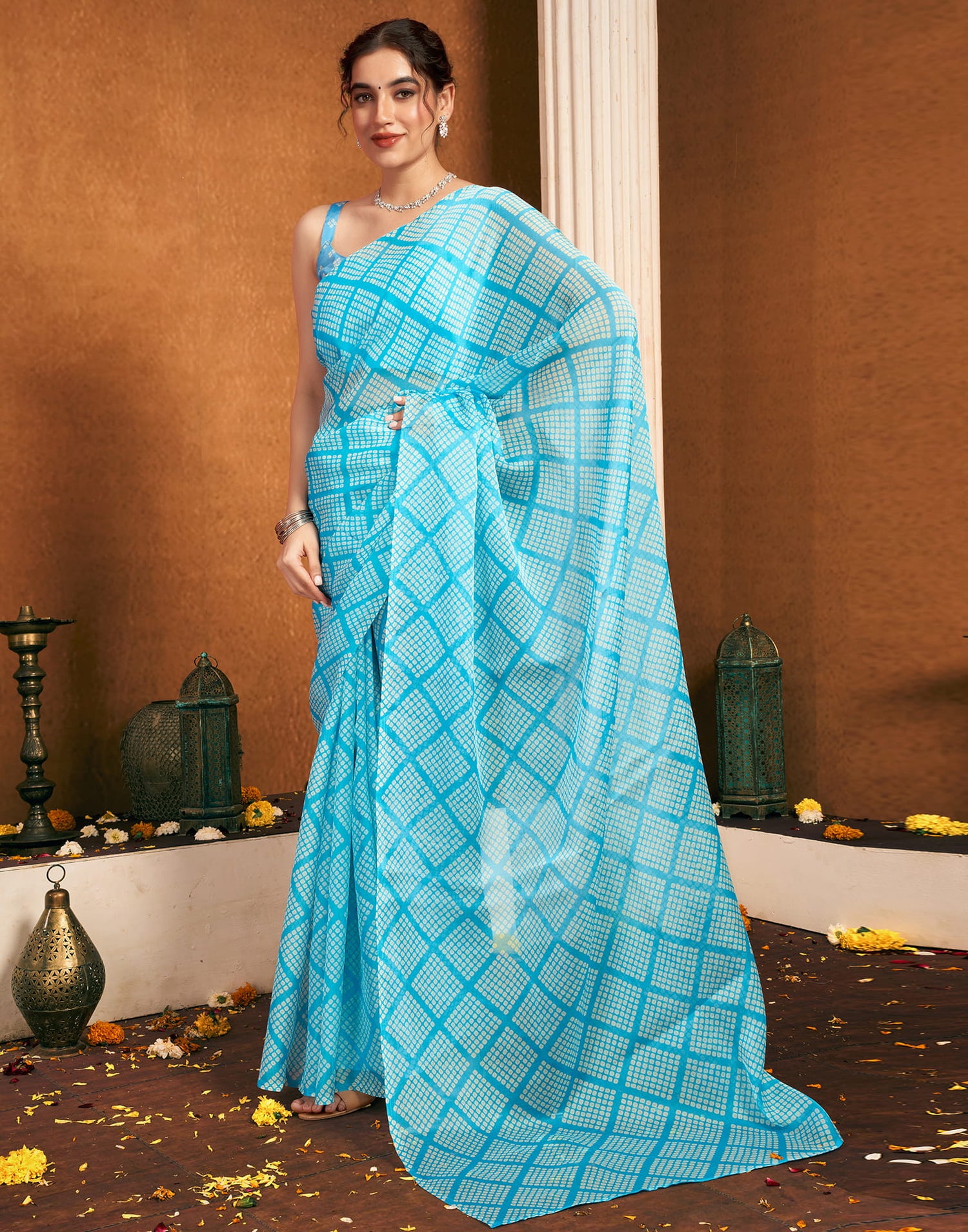 Sky Blue Chiffon Bandhani Printed Saree